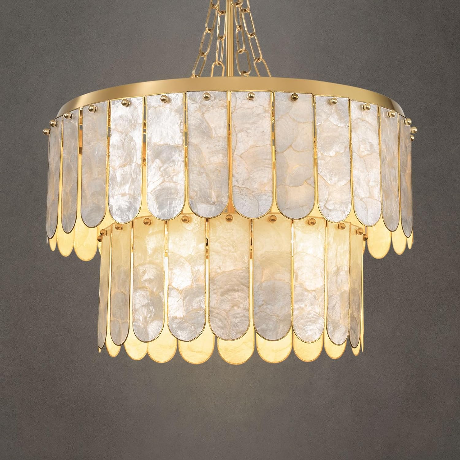 Modern Gold Capiz Shell Chandelier – 3-Color Dimmable Pendant with E26 Socket