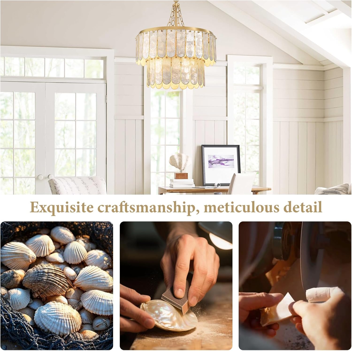 Modern Gold Capiz Shell Chandelier – 3-Color Dimmable Pendant with E26 Socket