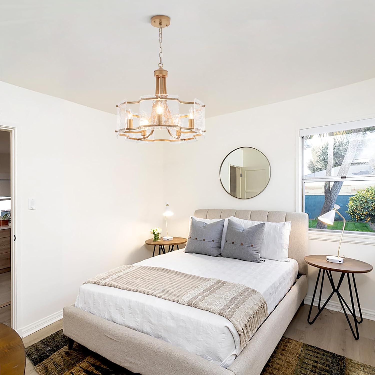 Modern Gold Chandelier with Ripple Glass Panels – 5-Light Adjustable Height E12 Pendant Fixture