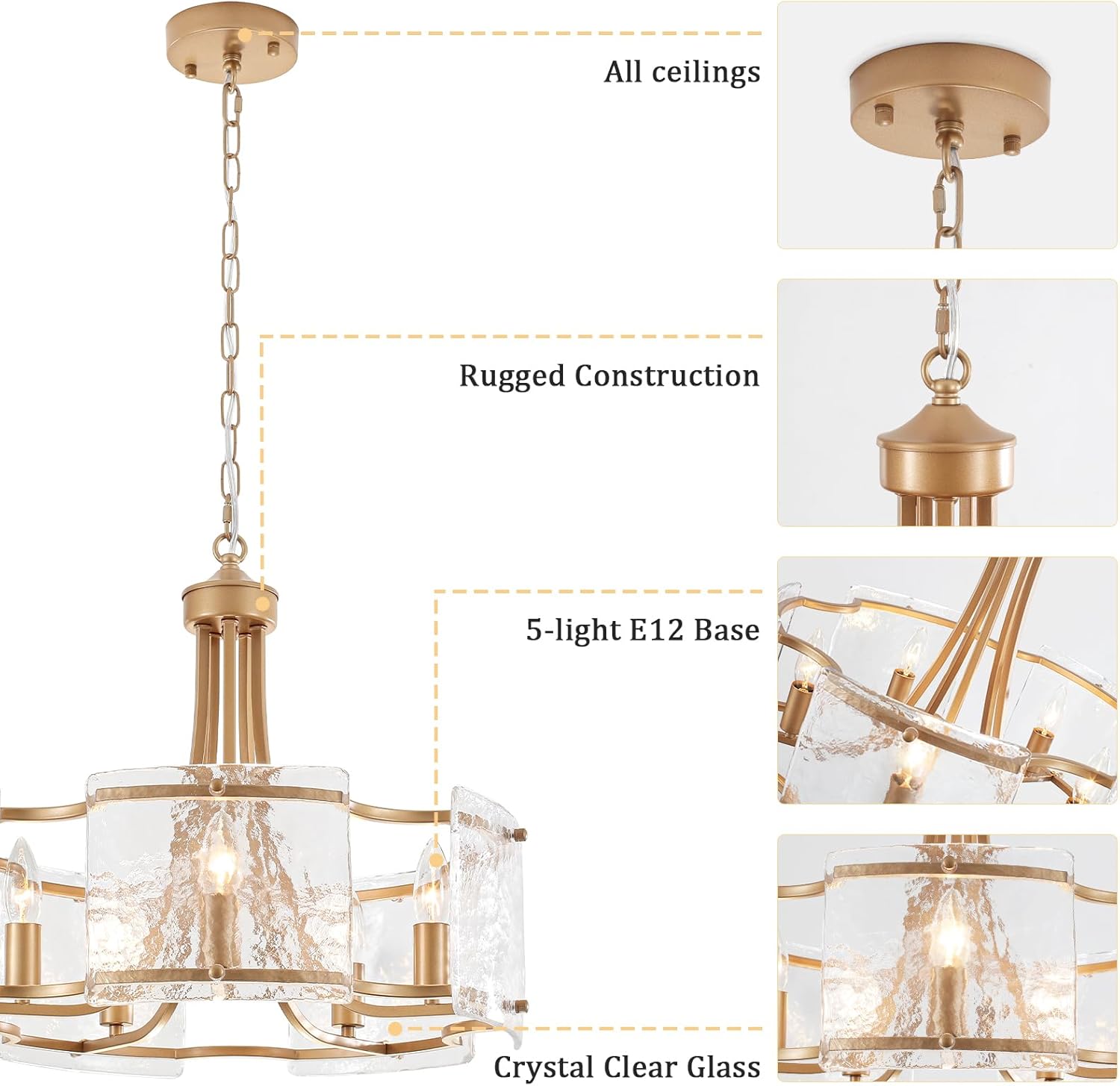 Modern Gold Chandelier with Ripple Glass Panels – 5-Light Adjustable Height E12 Pendant Fixture