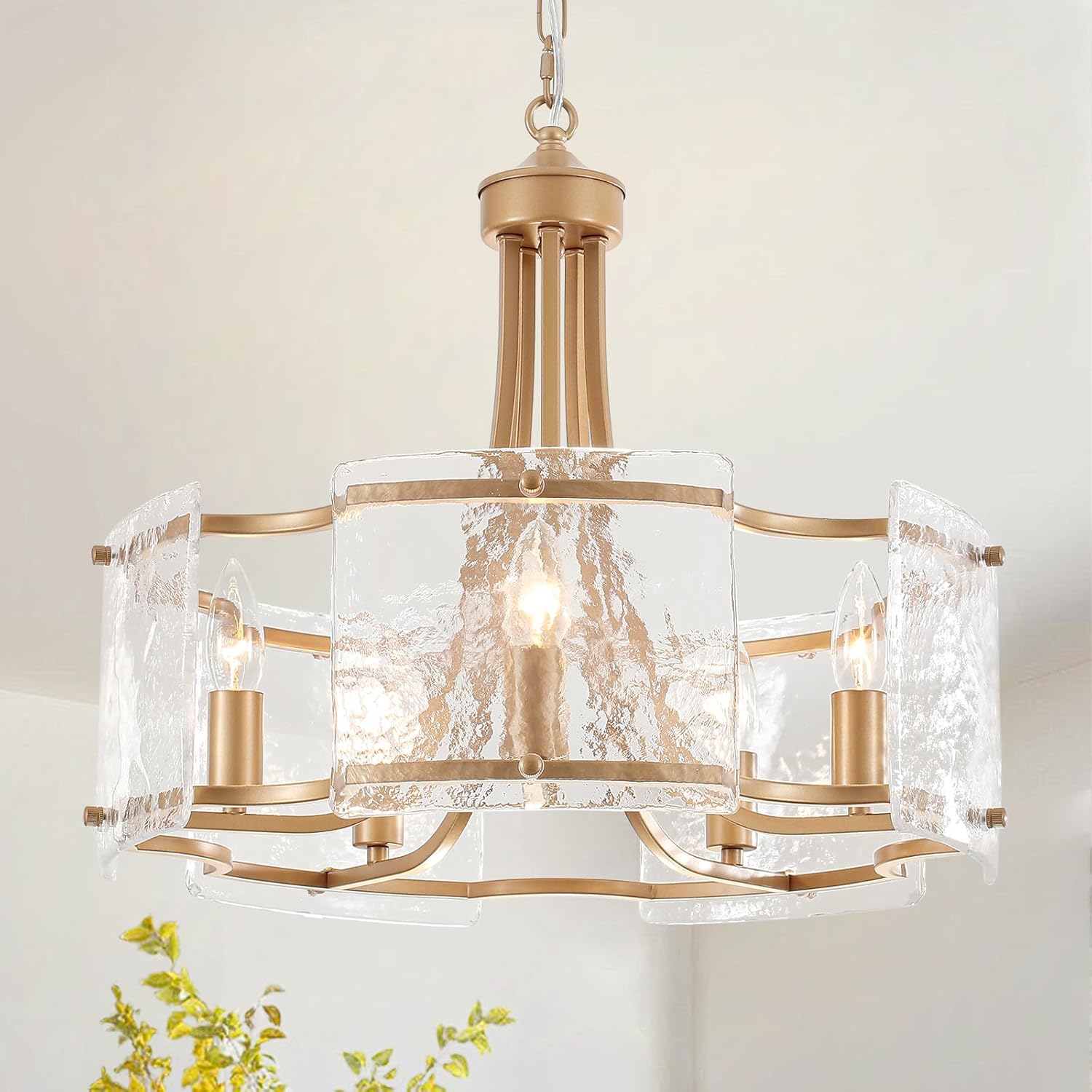 Modern Gold Chandelier with Ripple Glass Panels – 5-Light Adjustable Height E12 Pendant Fixture