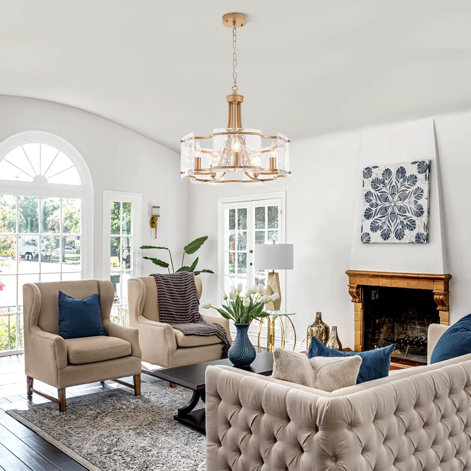 Modern Gold Chandelier with Ripple Glass Panels – 5-Light Adjustable Height E12 Pendant Fixture