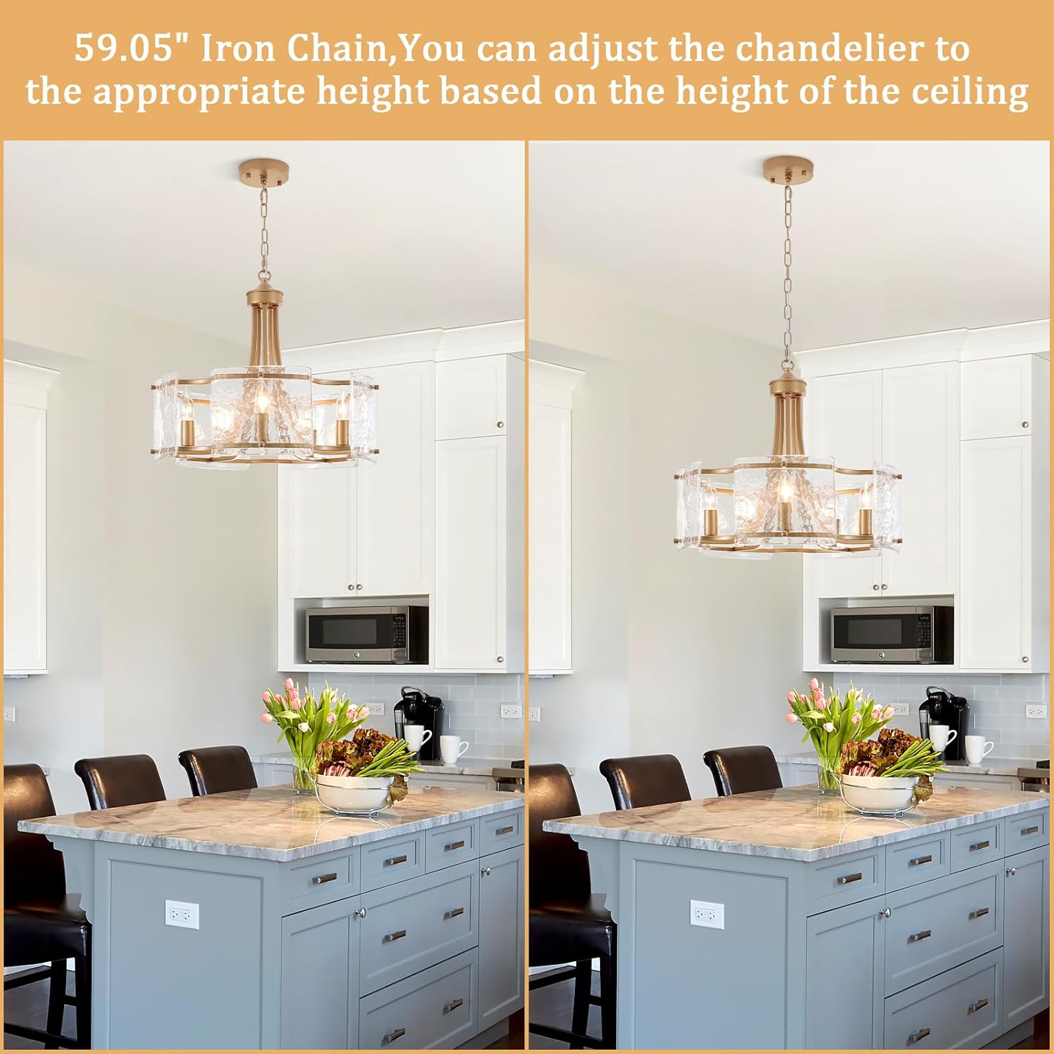 Modern Gold Chandelier with Ripple Glass Panels – 5-Light Adjustable Height E12 Pendant Fixture