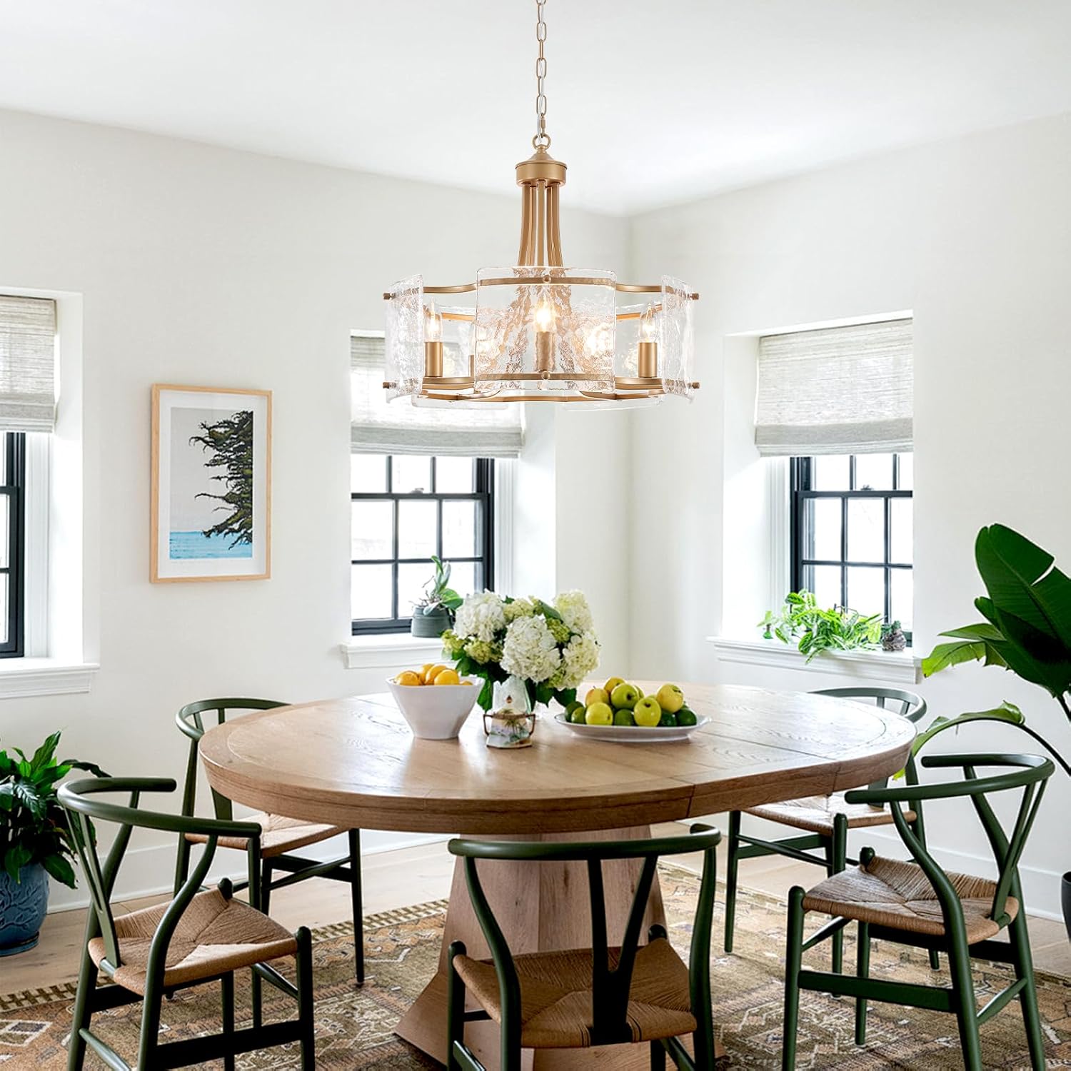 Modern Gold Chandelier with Ripple Glass Panels – 5-Light Adjustable Height E12 Pendant Fixture