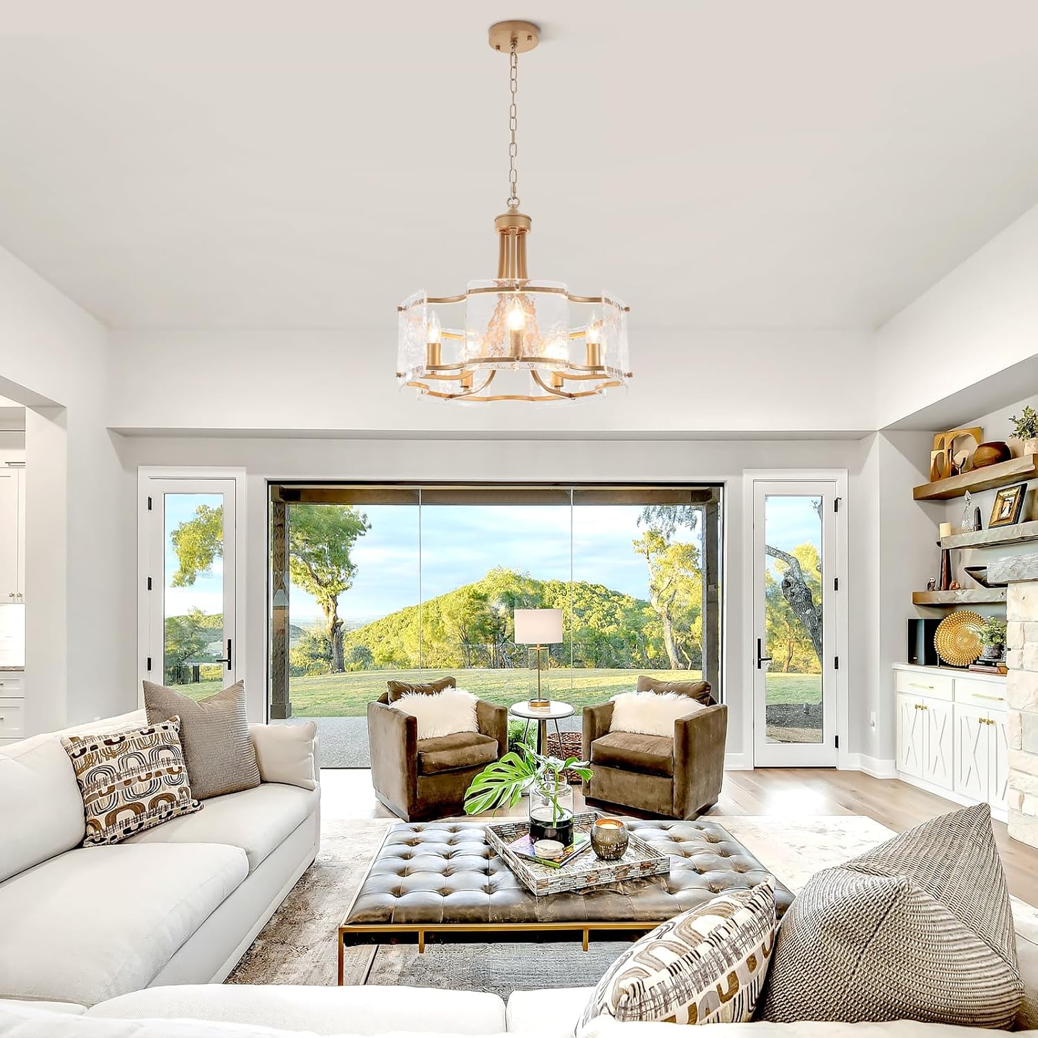 Modern Gold Chandelier with Ripple Glass Panels – 5-Light Adjustable Height E12 Pendant Fixture