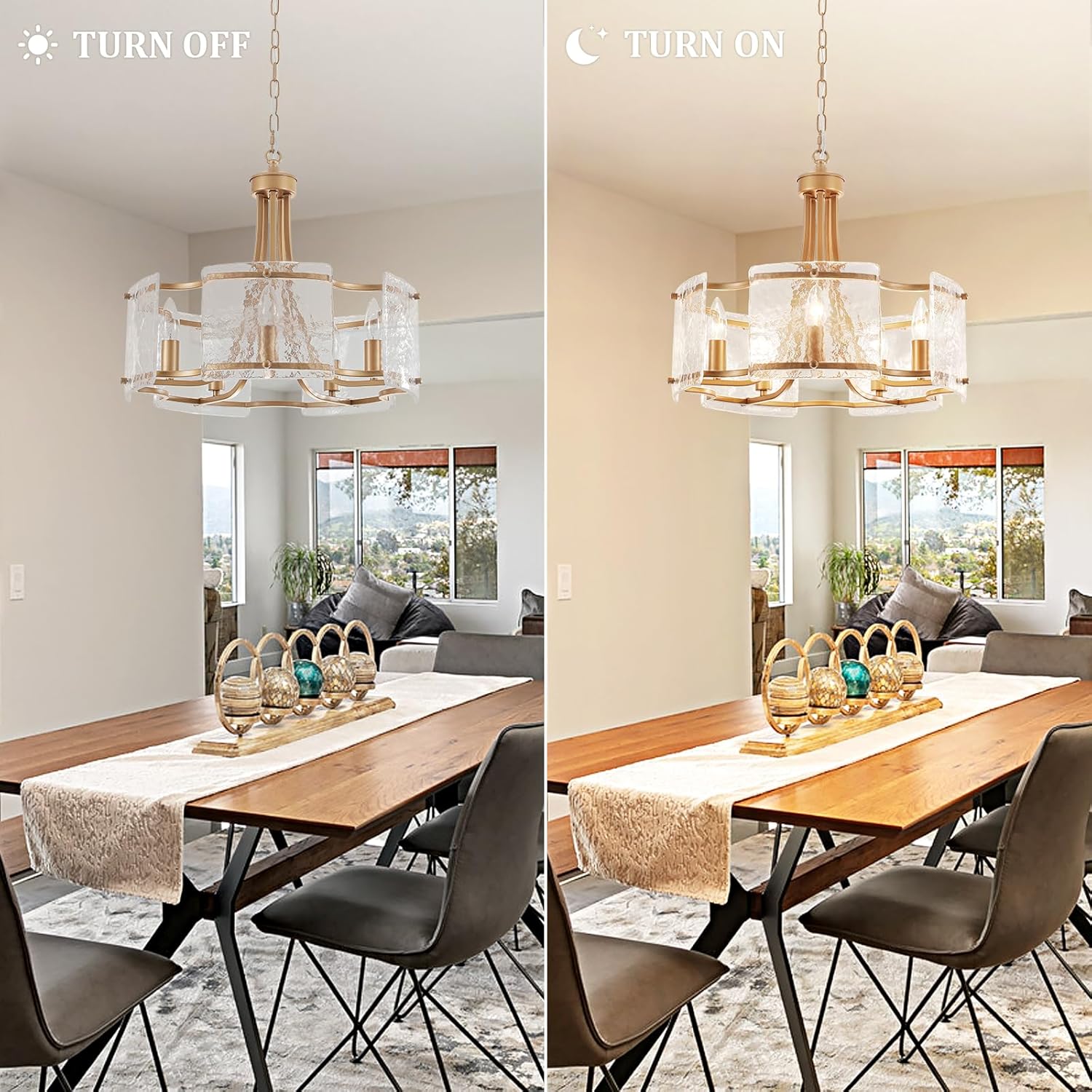 Modern Gold Chandelier with Ripple Glass Panels – 5-Light Adjustable Height E12 Pendant Fixture
