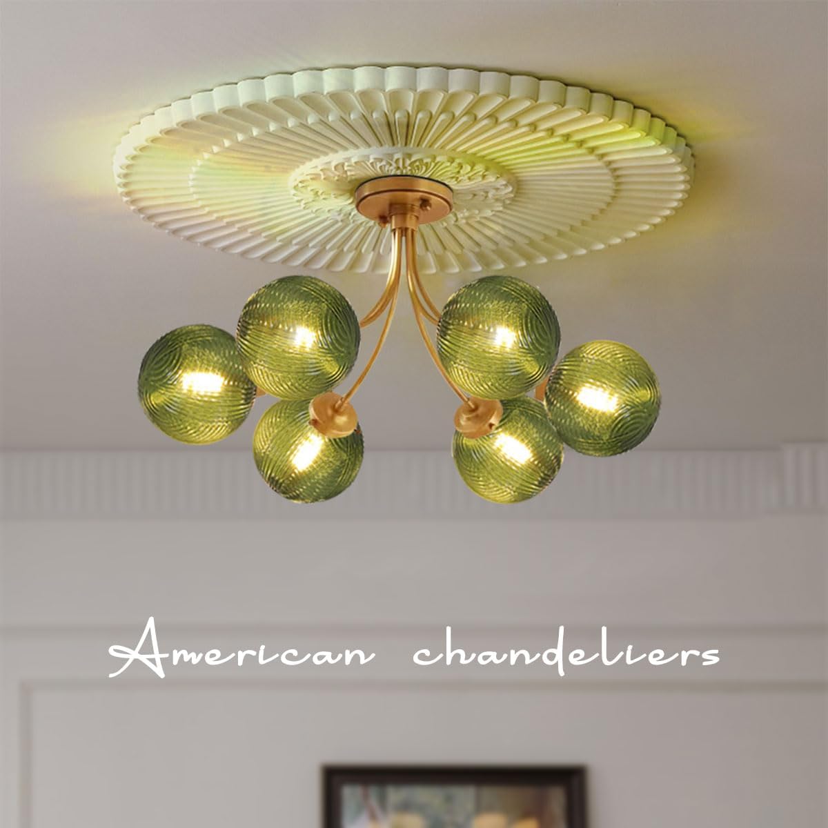 American Vintage Green Glass 6-Light Semi Flush Mount Chandelier – Gold Ceiling Light Fixture