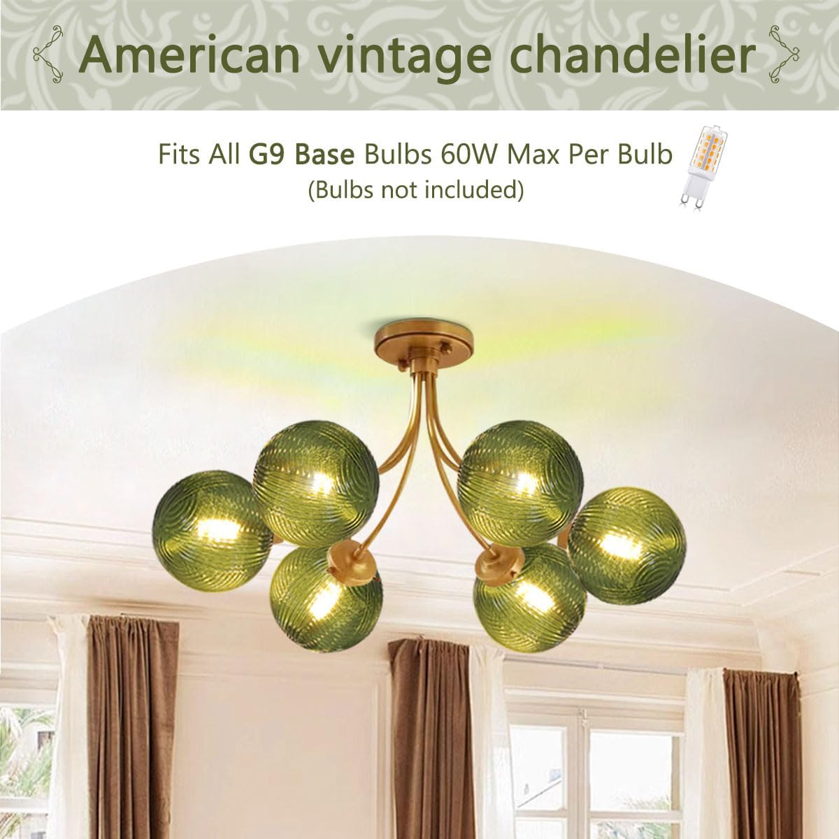 American Vintage Green Glass 6-Light Semi Flush Mount Chandelier – Gold Ceiling Light Fixture