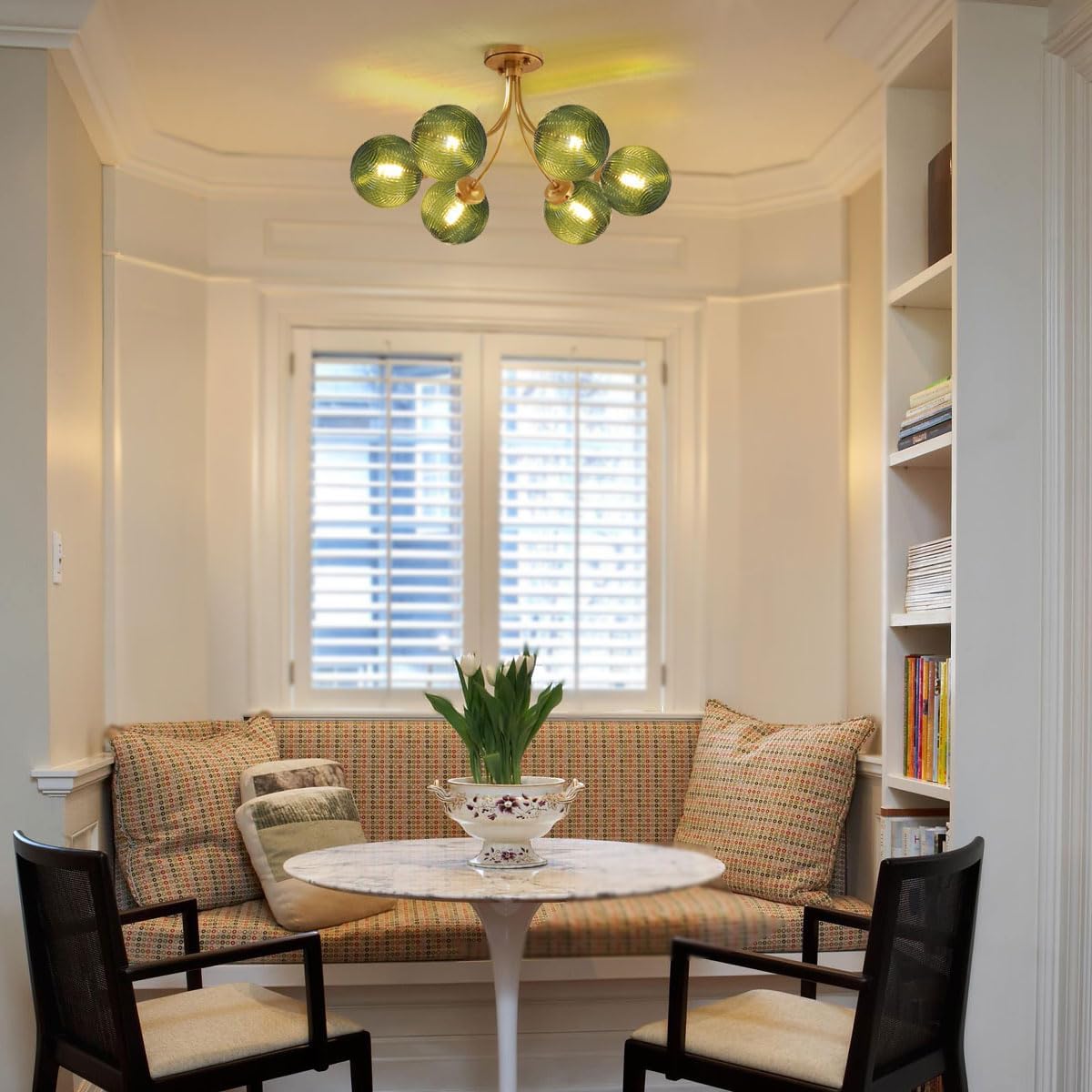 American Vintage Green Glass 6-Light Semi Flush Mount Chandelier – Gold Ceiling Light Fixture