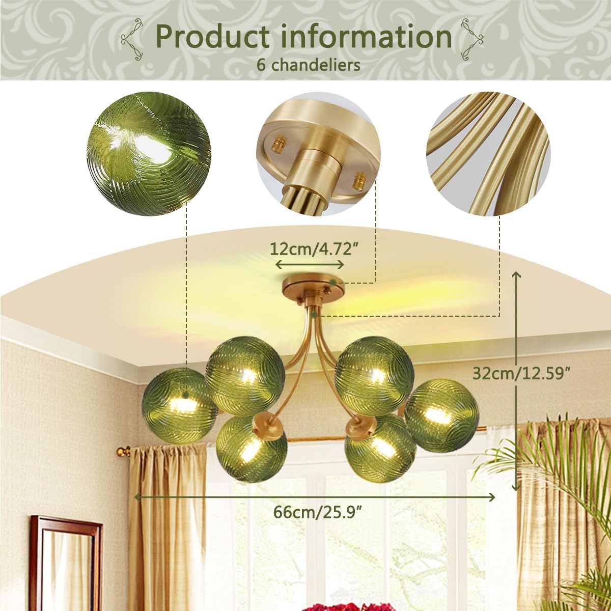 American Vintage Green Glass 6-Light Semi Flush Mount Chandelier – Gold Ceiling Light Fixture