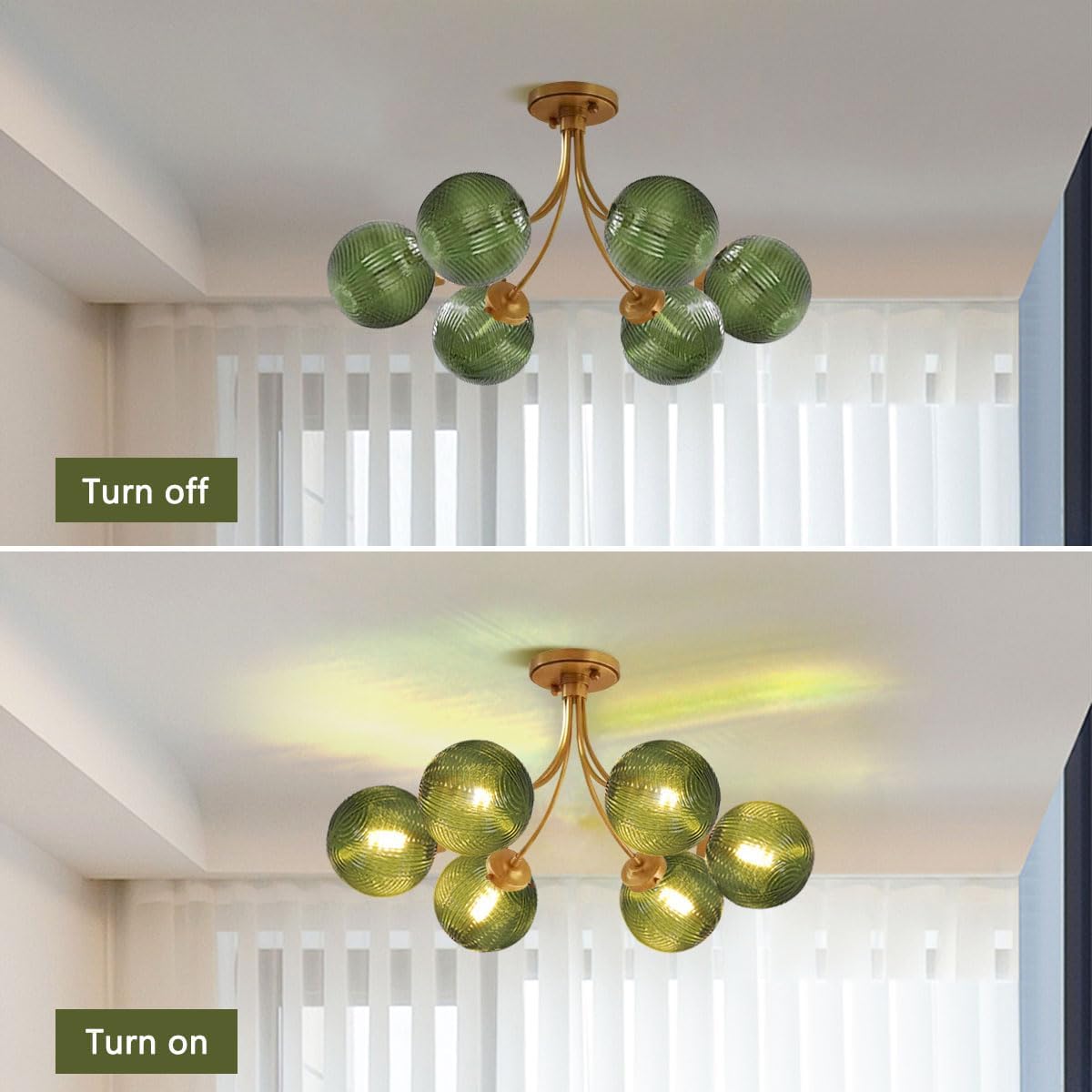 American Vintage Green Glass 6-Light Semi Flush Mount Chandelier – Gold Ceiling Light Fixture