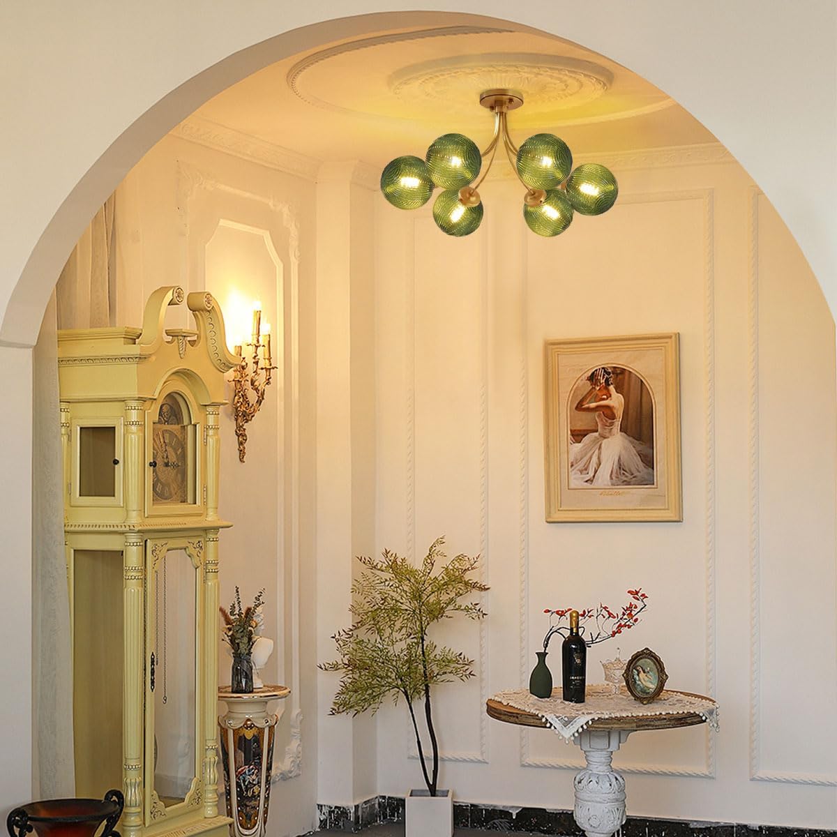 American Vintage Green Glass 6-Light Semi Flush Mount Chandelier – Gold Ceiling Light Fixture