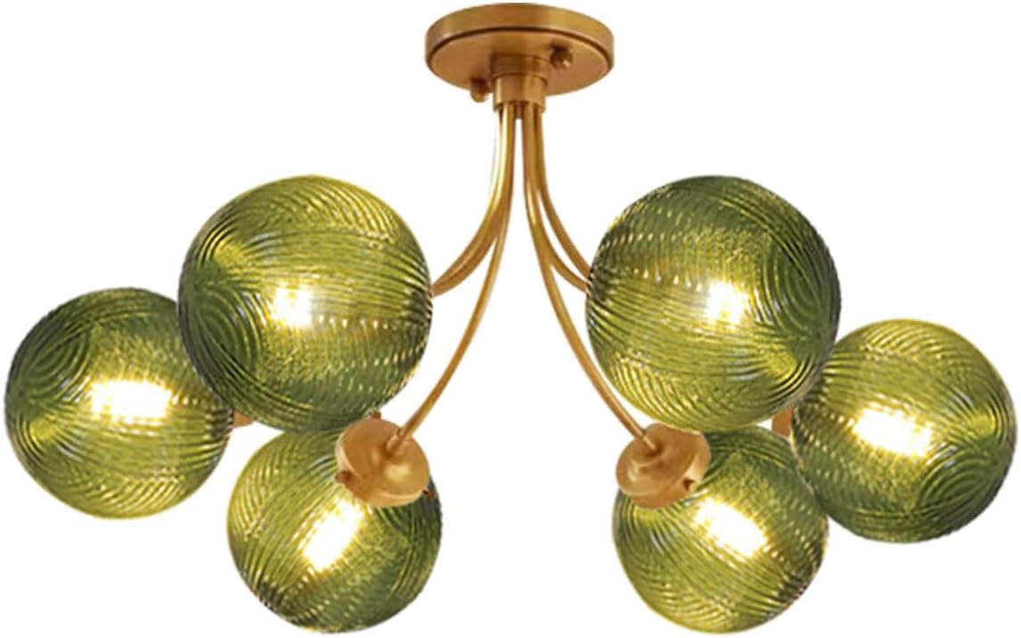 American Vintage Green Glass 6-Light Semi Flush Mount Chandelier – Gold Ceiling Light Fixture