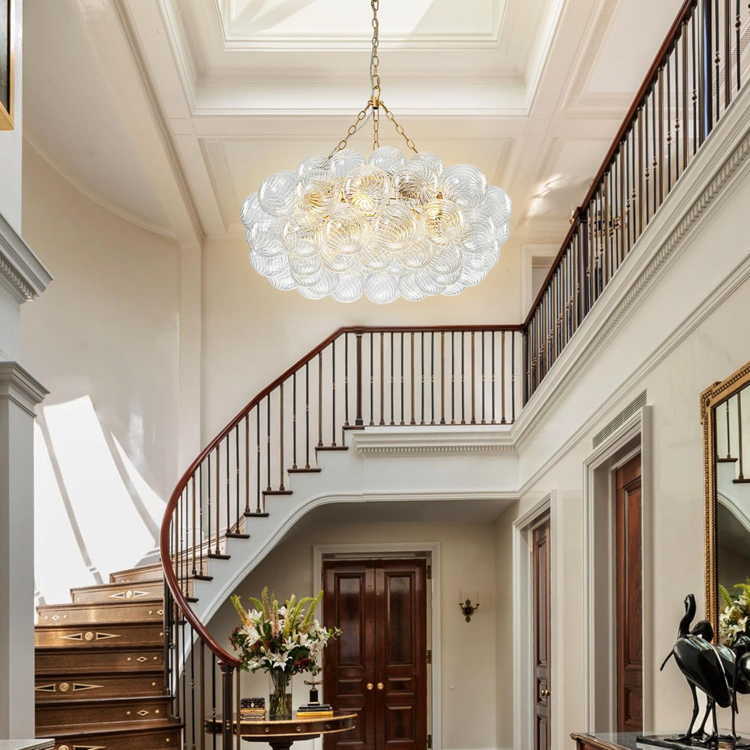 Modern Gold Glass Ball Chandelier – 6-Light Swirl Globe Pendant Light