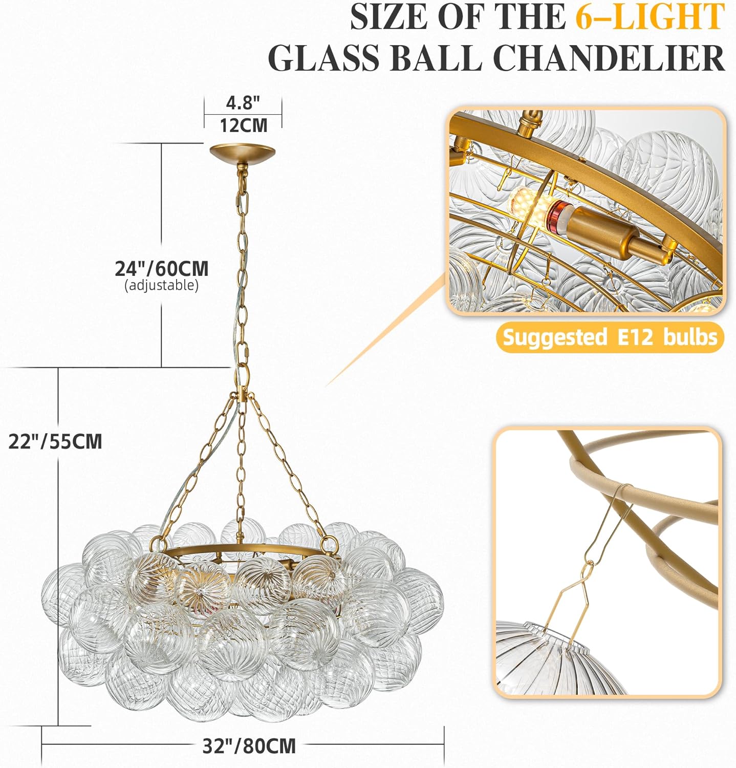 Modern Gold Glass Ball Chandelier – 6-Light Swirl Globe Pendant Light