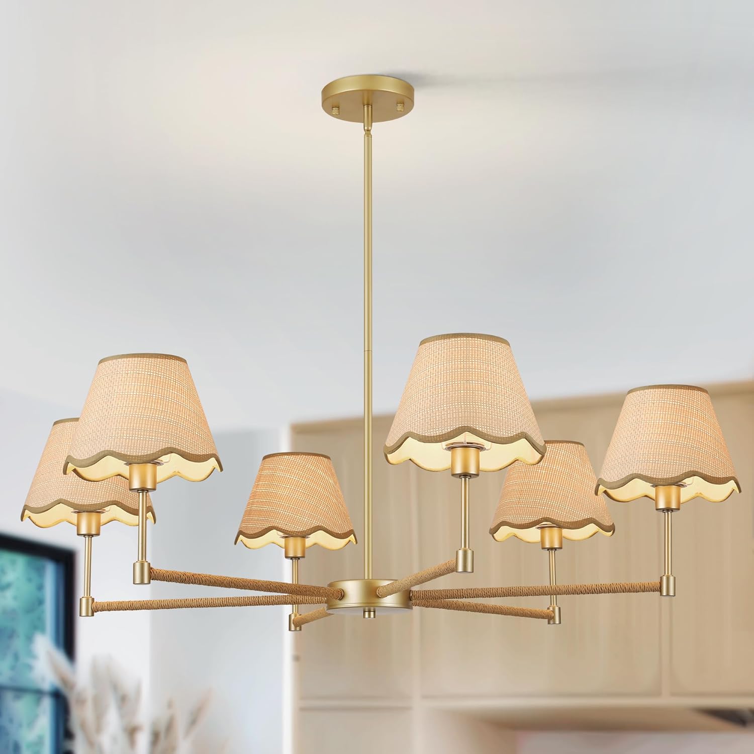 Vintage Rattan Chandelier – 6-Light Gold Pendant Light with Wavy Fabric Shades, Adjustable Rods for Dining & Living Rooms