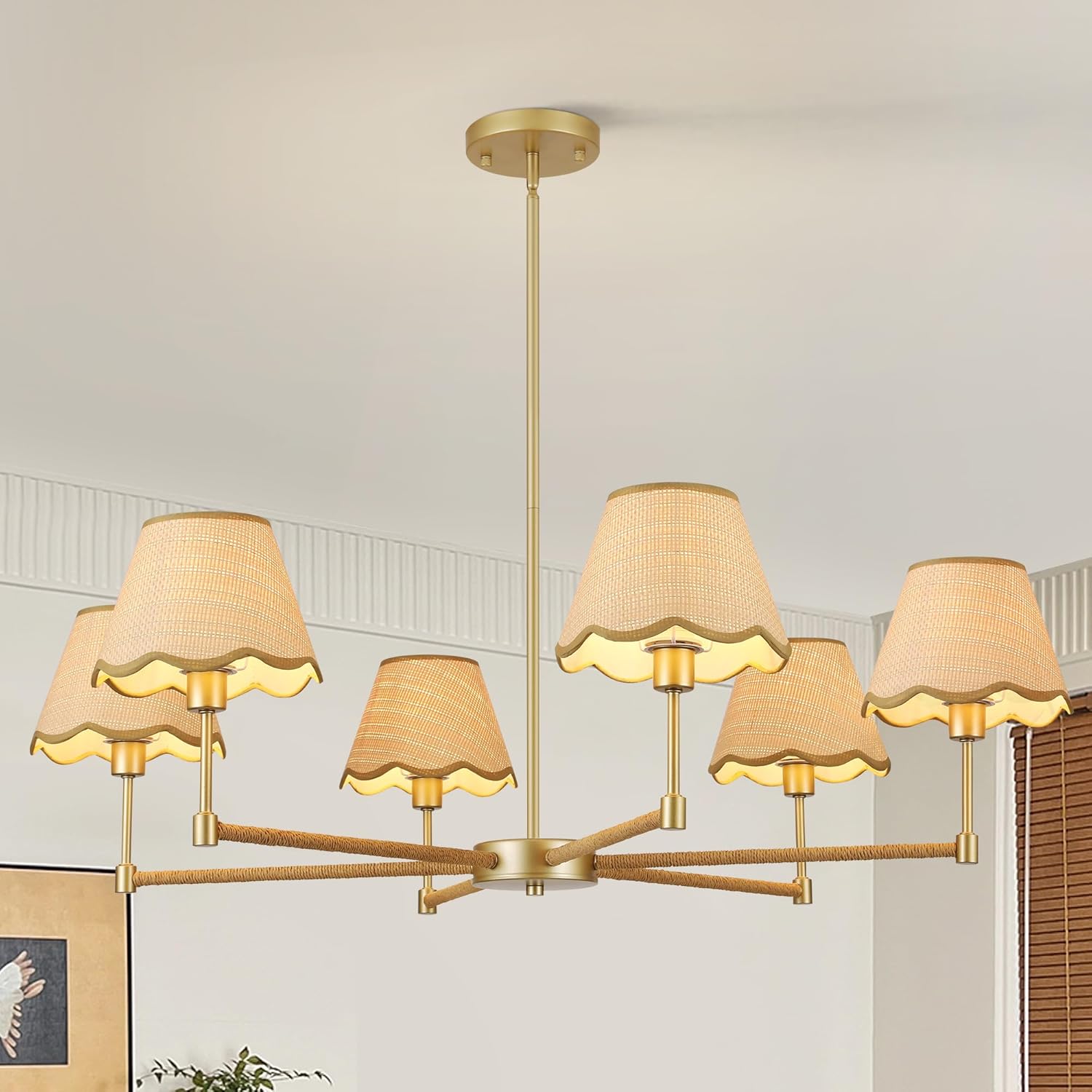 Vintage Rattan Chandelier – 6-Light Gold Pendant Light with Wavy Fabric Shades, Adjustable Rods for Dining & Living Rooms