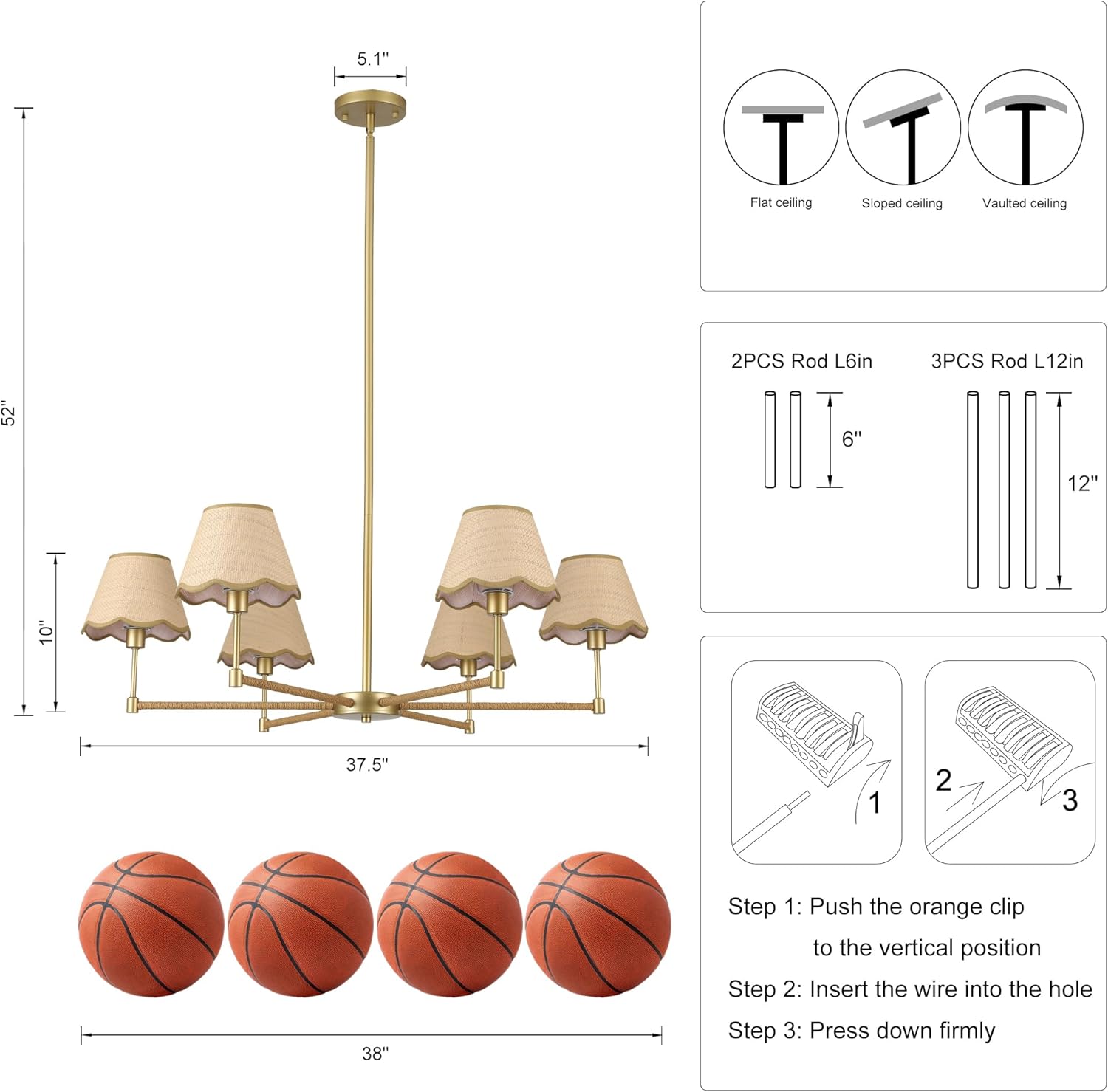 Vintage Rattan Chandelier – 6-Light Gold Pendant Light with Wavy Fabric Shades, Adjustable Rods for Dining & Living Rooms