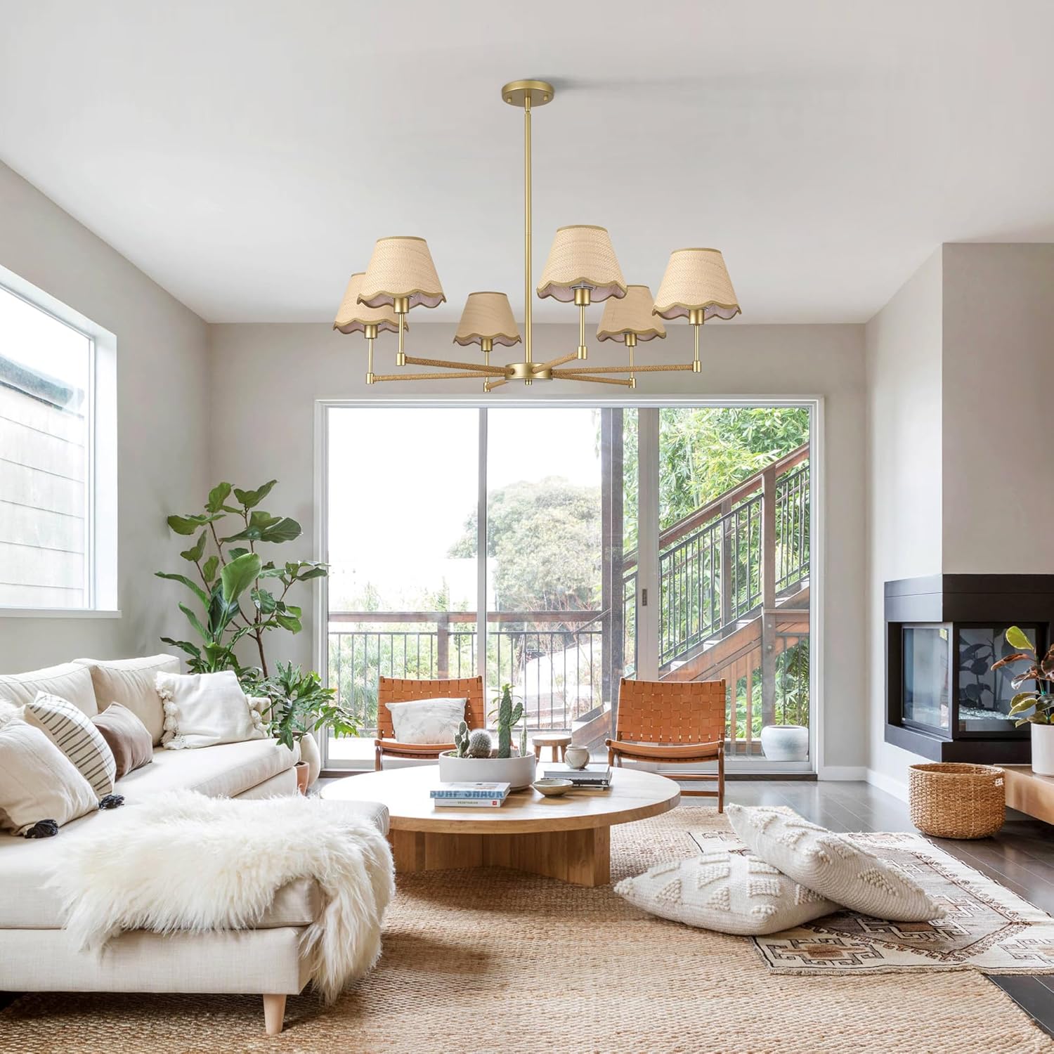 Vintage Rattan Chandelier – 6-Light Gold Pendant Light with Wavy Fabric Shades, Adjustable Rods for Dining & Living Rooms