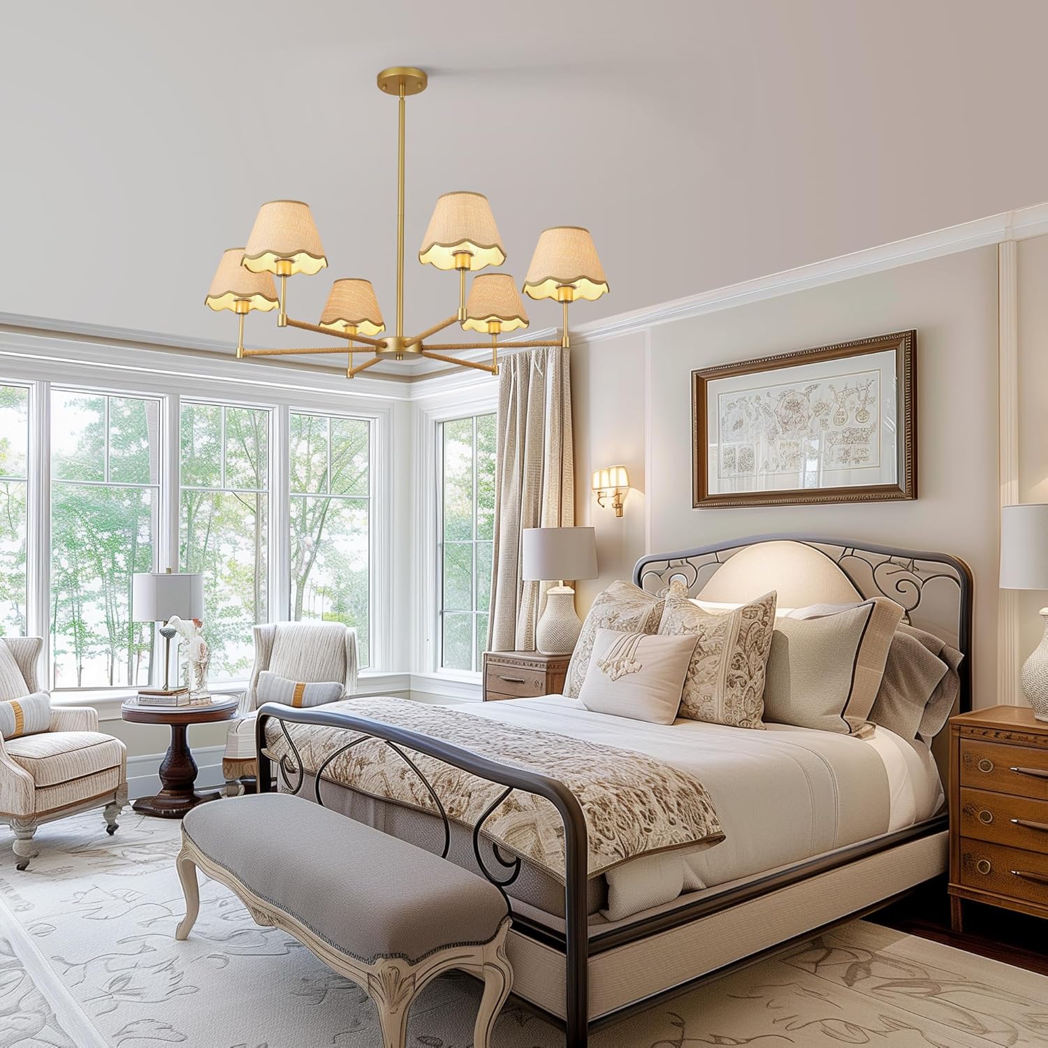 Vintage Rattan Chandelier – 6-Light Gold Pendant Light with Wavy Fabric Shades, Adjustable Rods for Dining & Living Rooms