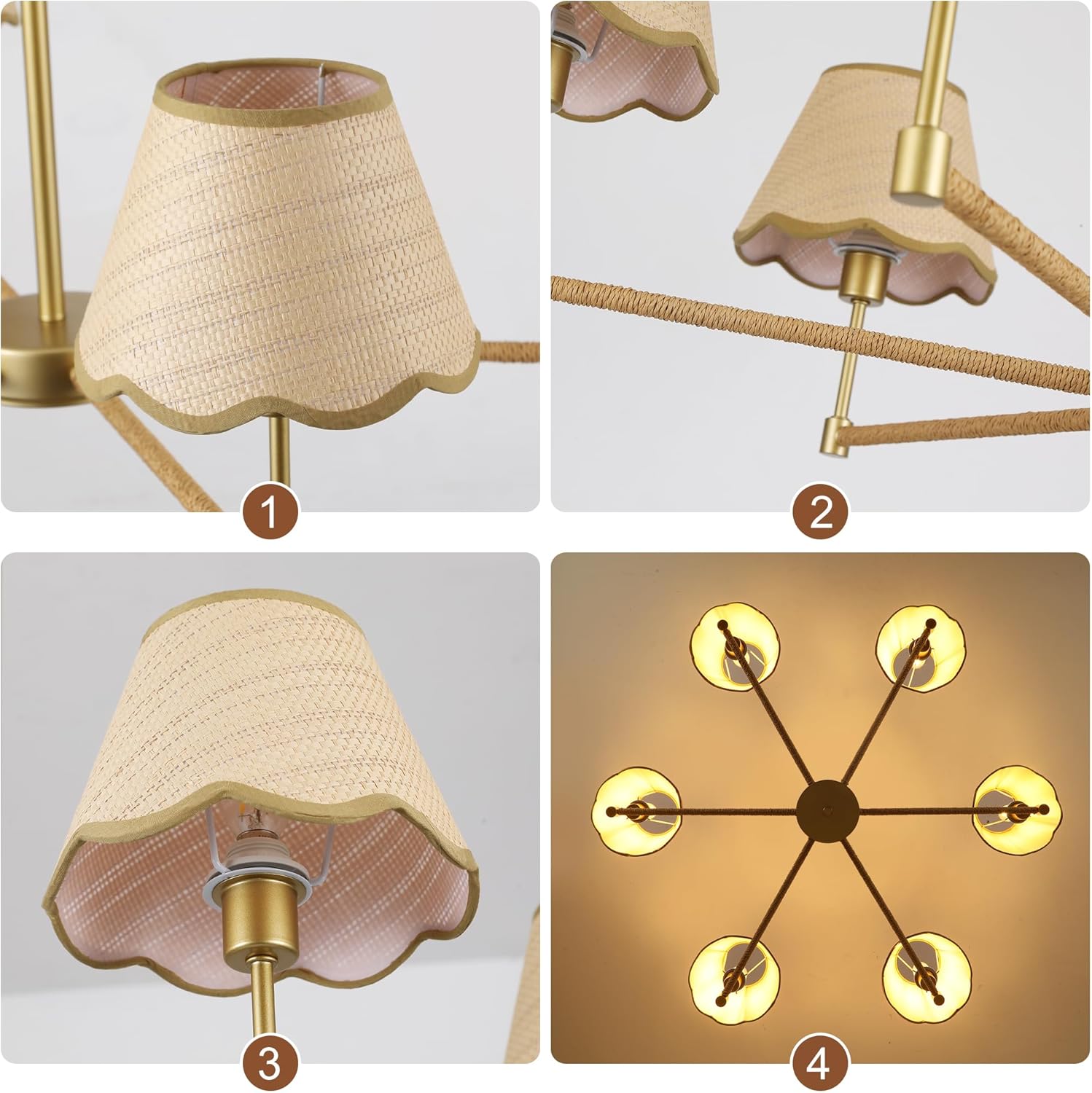 Vintage Rattan Chandelier – 6-Light Gold Pendant Light with Wavy Fabric Shades, Adjustable Rods for Dining & Living Rooms