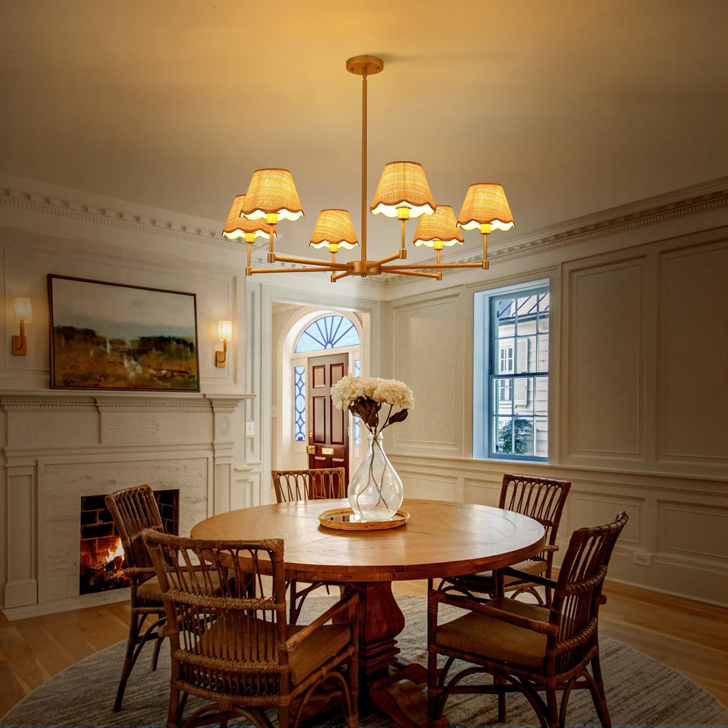 Vintage Rattan Chandelier – 6-Light Gold Pendant Light with Wavy Fabric Shades, Adjustable Rods for Dining & Living Rooms