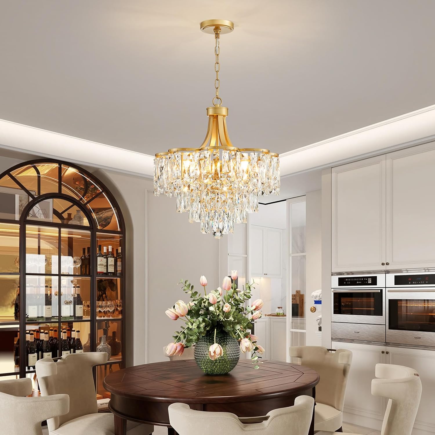 Gold Crystal Pendant Chandelier – 8-Light Adjustable Tiered Lighting Fixture
