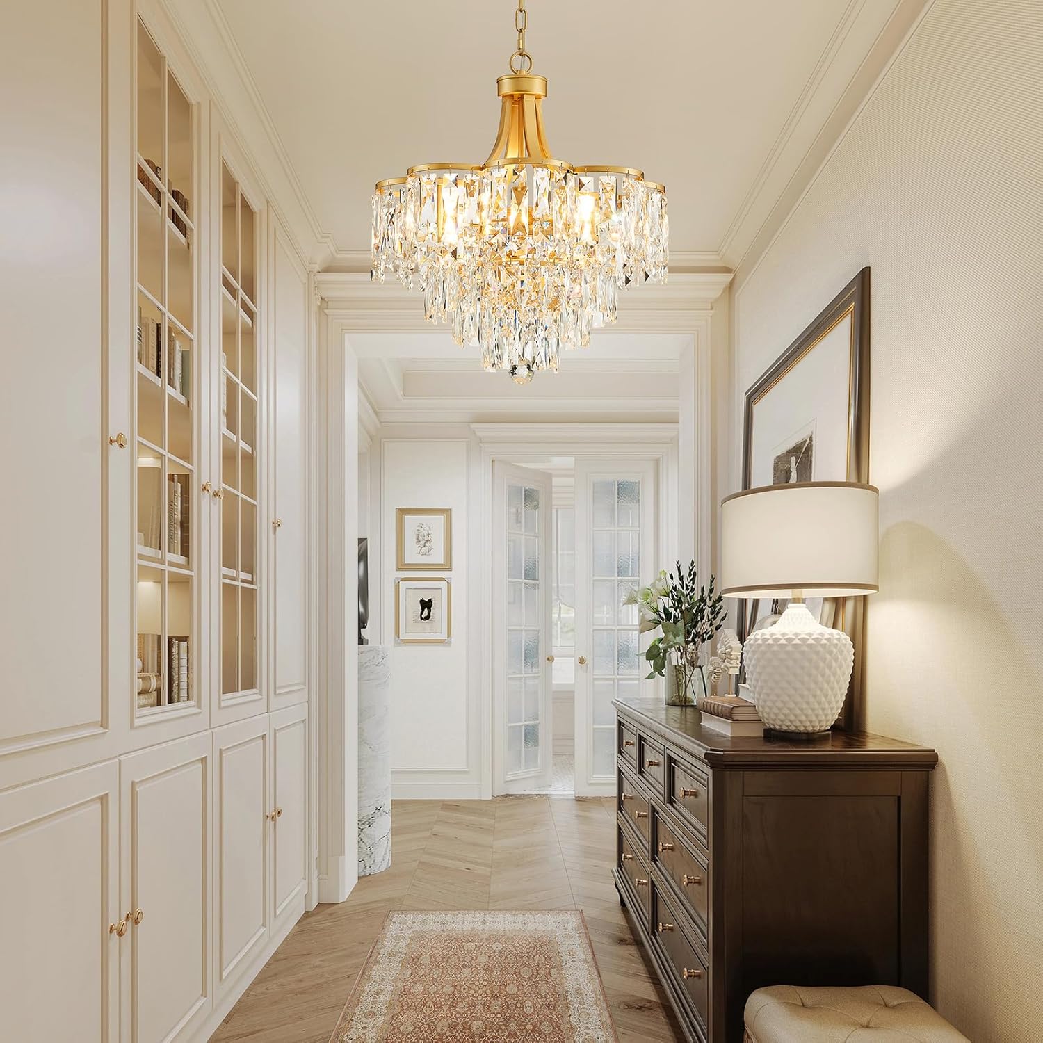 Gold Crystal Pendant Chandelier – 8-Light Adjustable Tiered Lighting Fixture