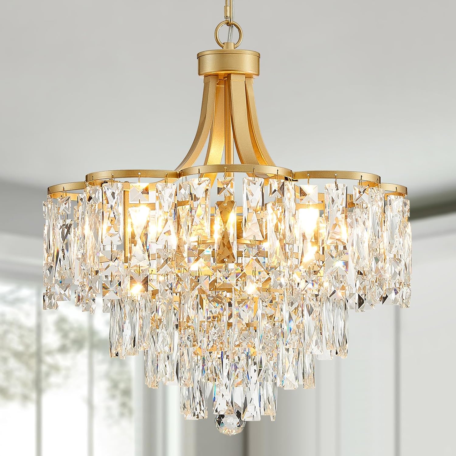 Gold Crystal Pendant Chandelier – 8-Light Adjustable Tiered Lighting Fixture