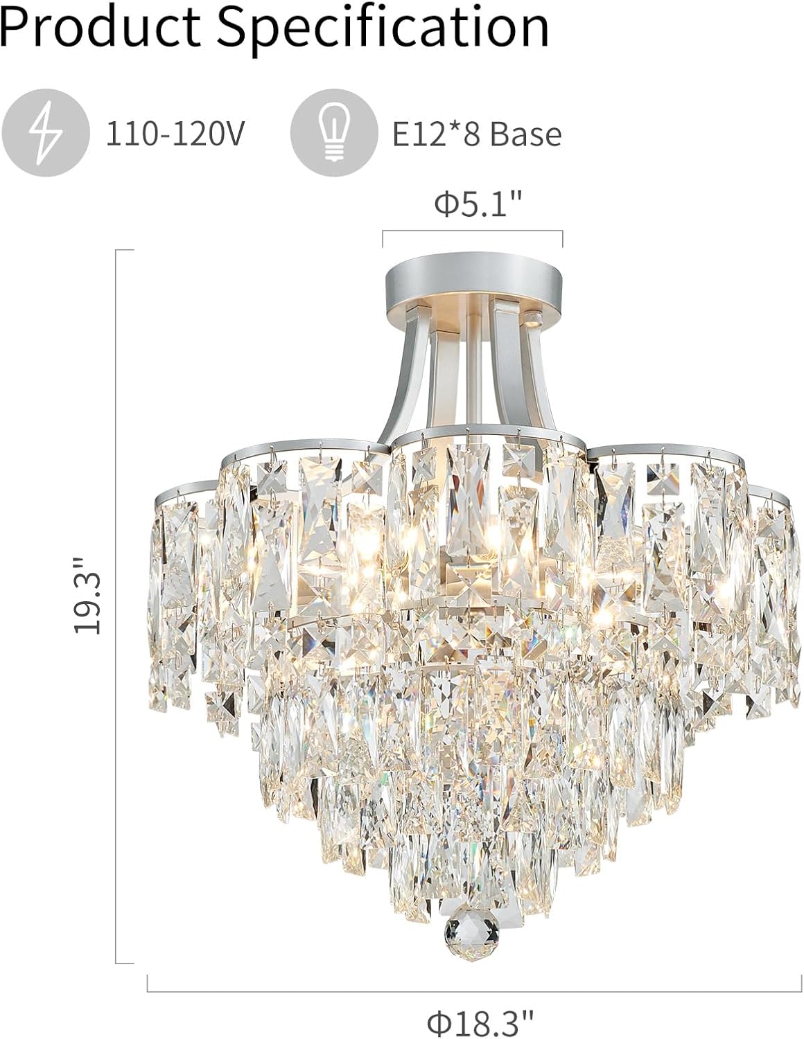 Silver Flush Mount Crystal Chandelier – 8-Light Tiered Modern Ceiling Light