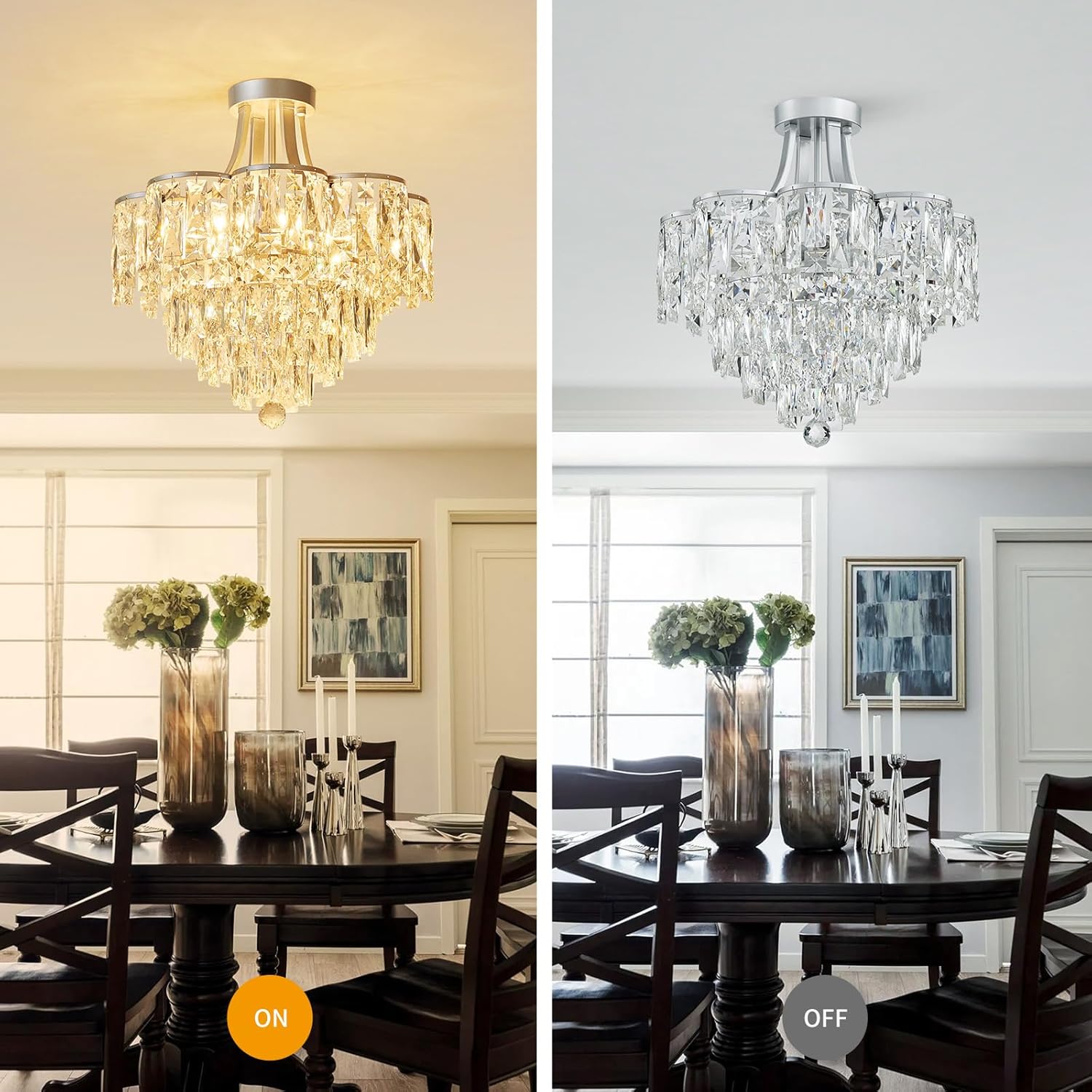 Silver Flush Mount Crystal Chandelier – 8-Light Tiered Modern Ceiling Light