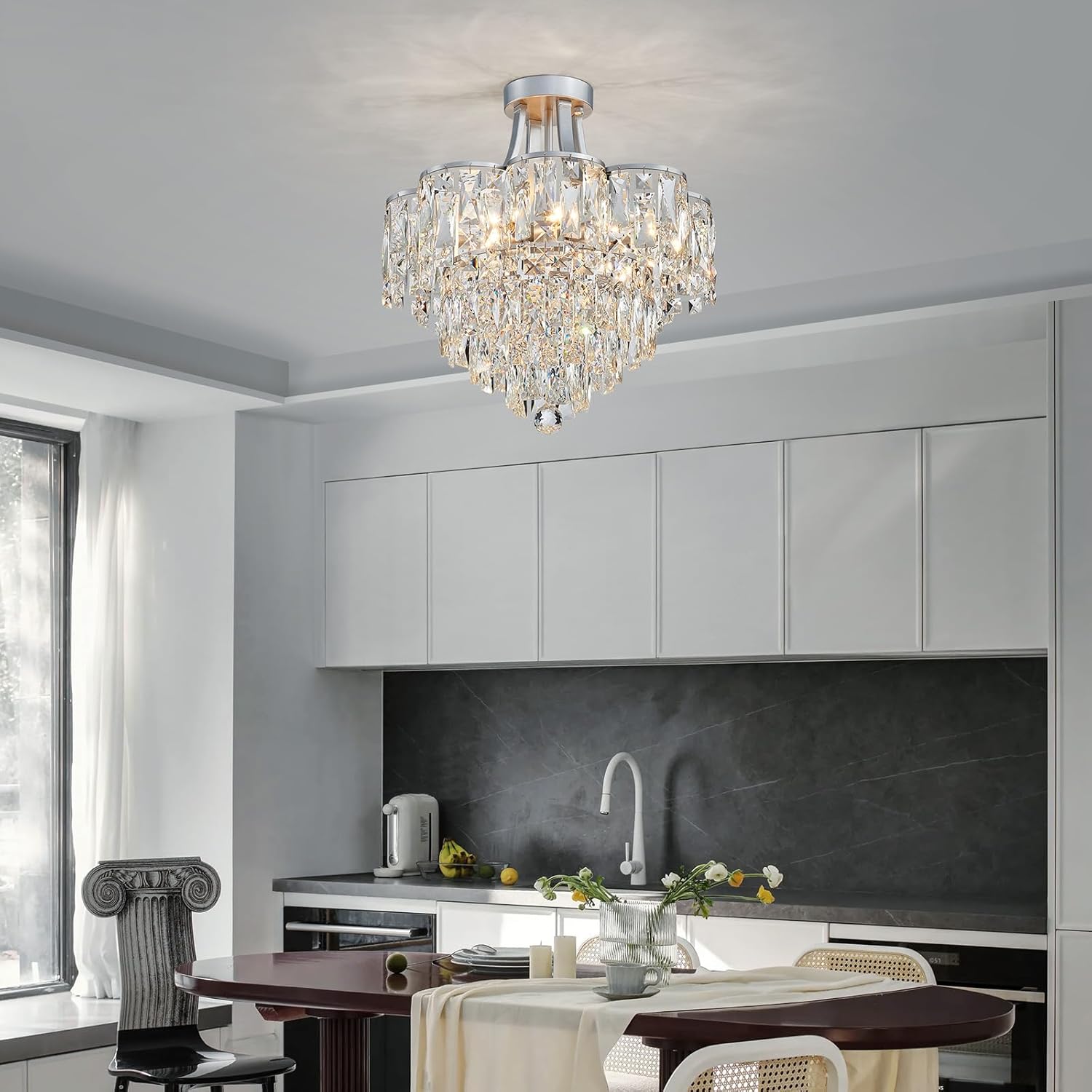 Silver Flush Mount Crystal Chandelier – 8-Light Tiered Modern Ceiling Light