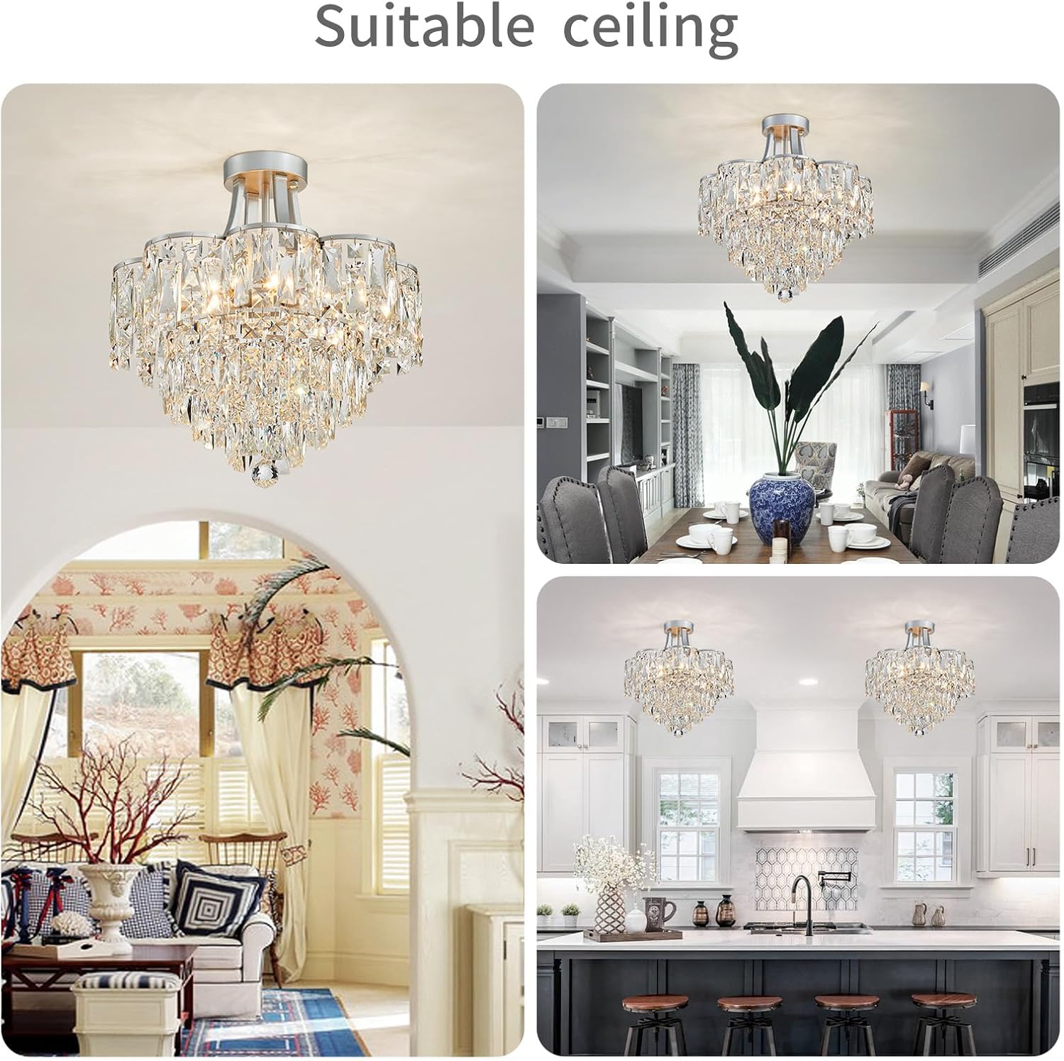 Silver Flush Mount Crystal Chandelier – 8-Light Tiered Modern Ceiling Light