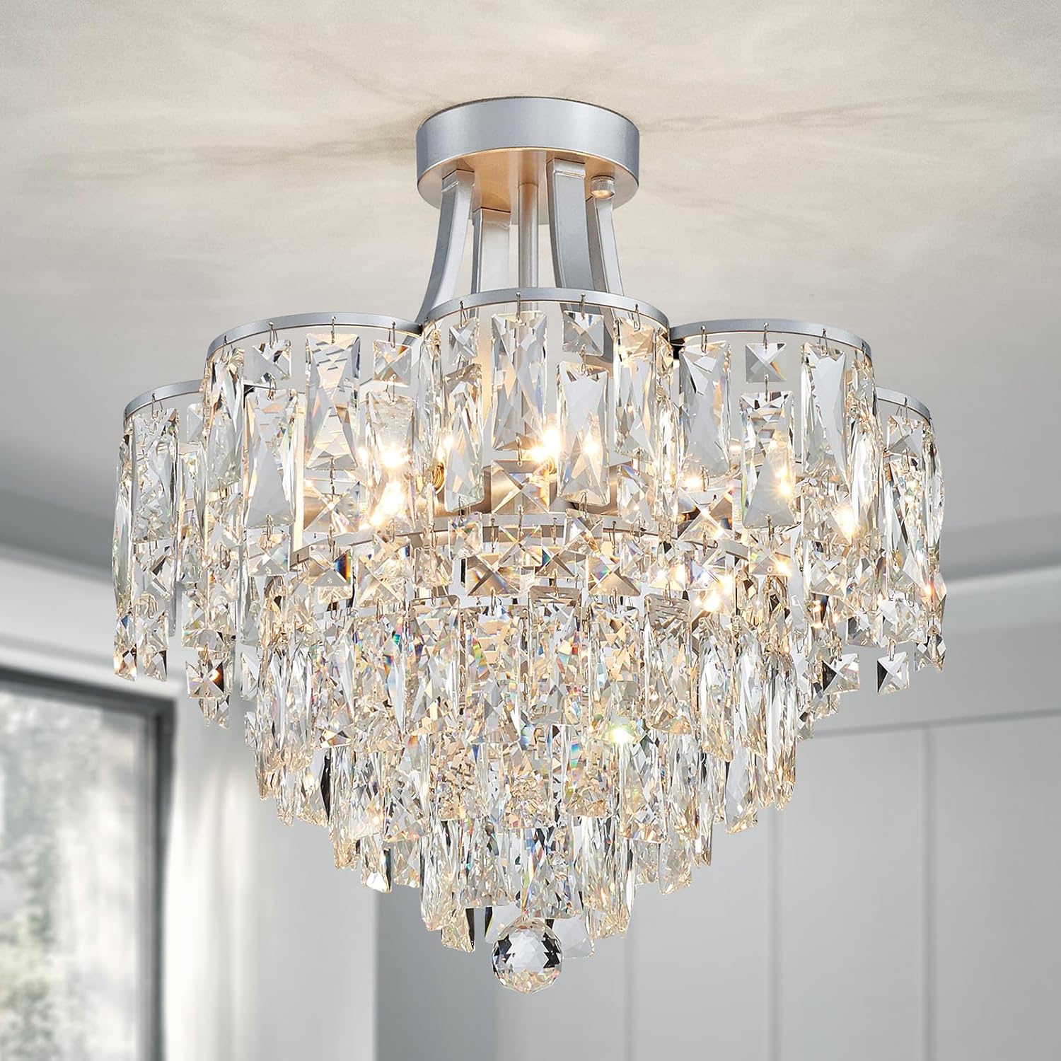 Silver Flush Mount Crystal Chandelier – 8-Light Tiered Modern Ceiling Light