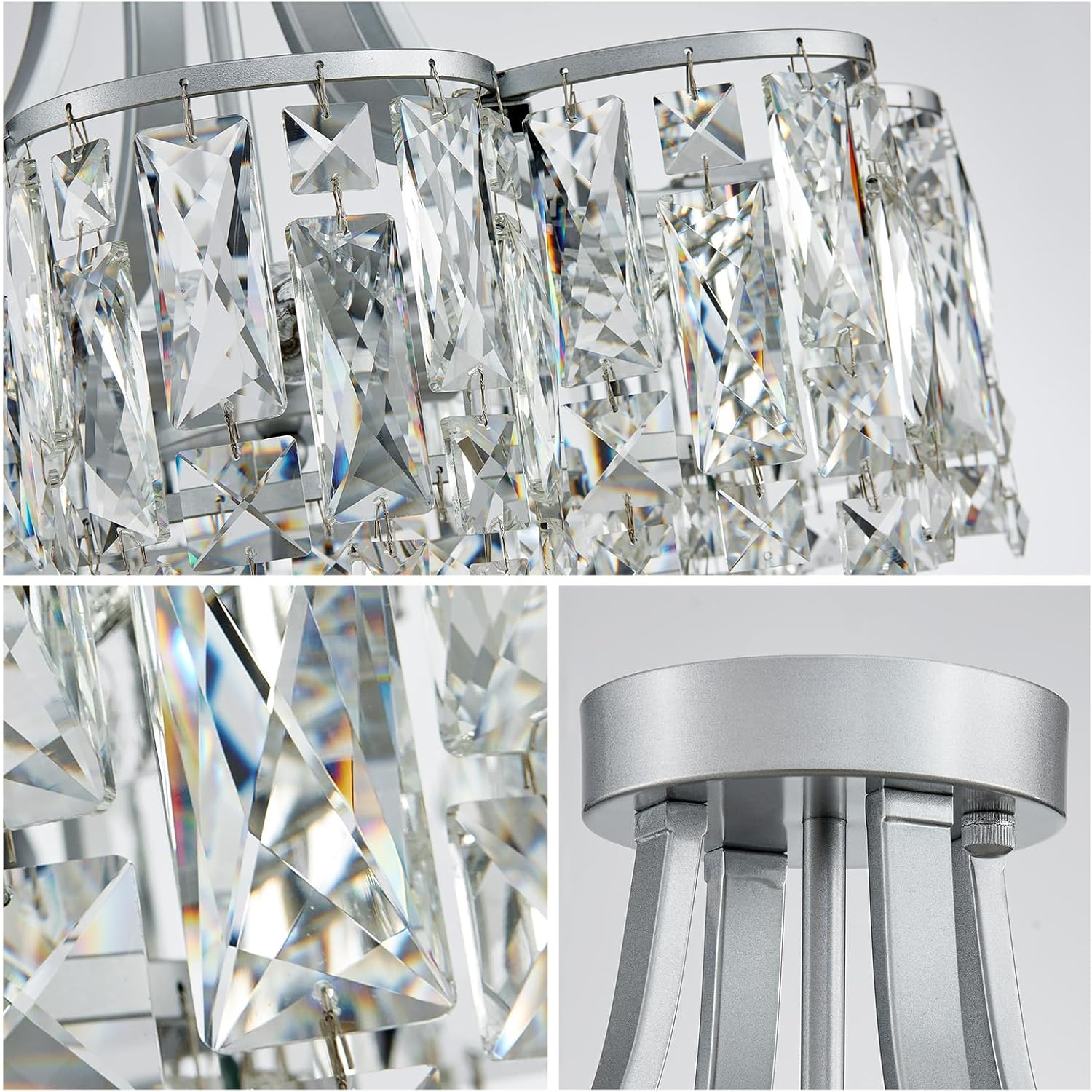 Silver Flush Mount Crystal Chandelier – 8-Light Tiered Modern Ceiling Light