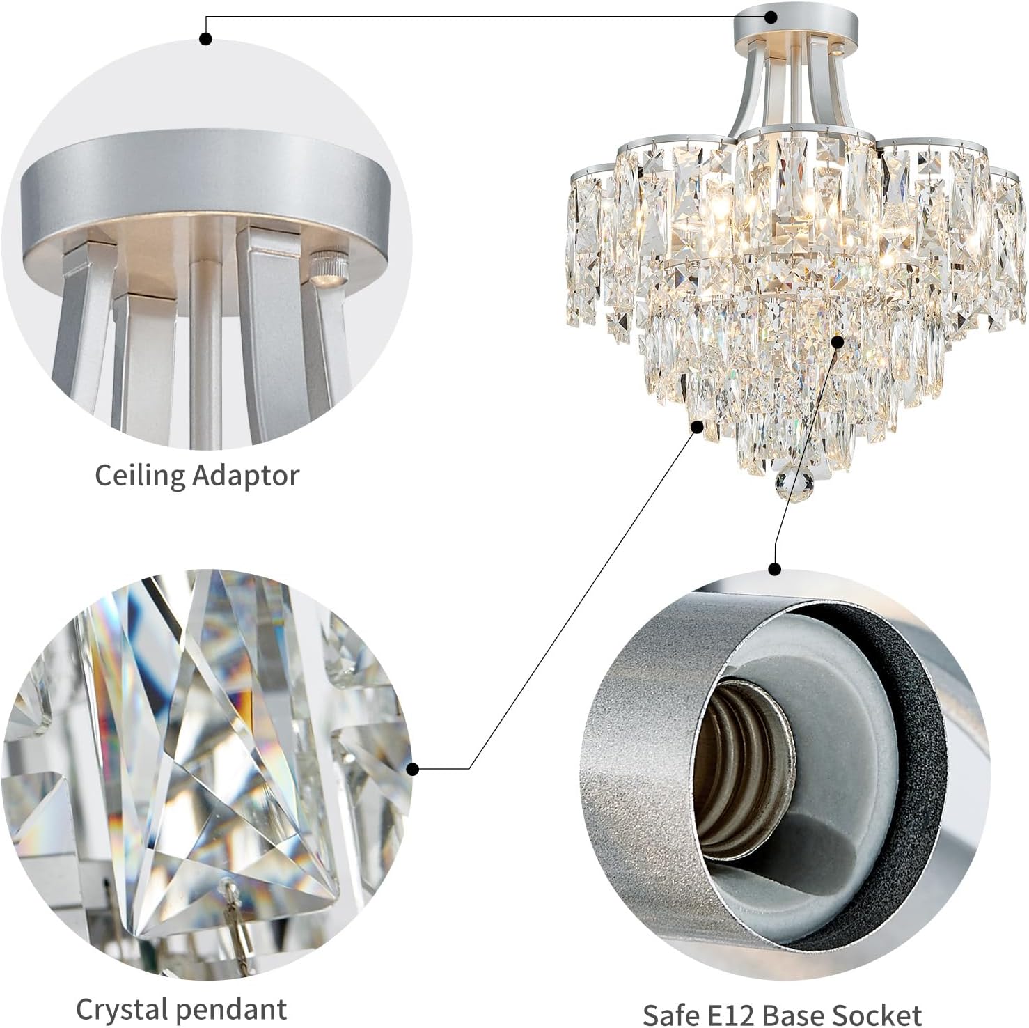 Silver Flush Mount Crystal Chandelier – 8-Light Tiered Modern Ceiling Light