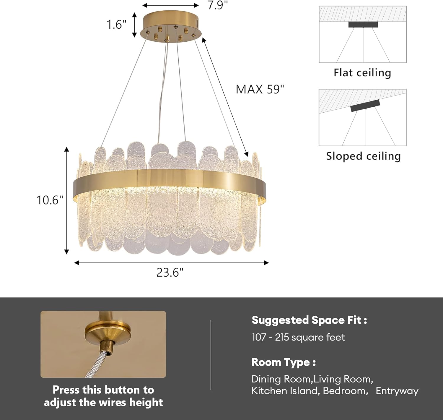 Modern Dimmable LED Bubble Glass Chandelier – Brass Gold Adjustable Height Pendant Light for Dining Room & Kitchen Island
