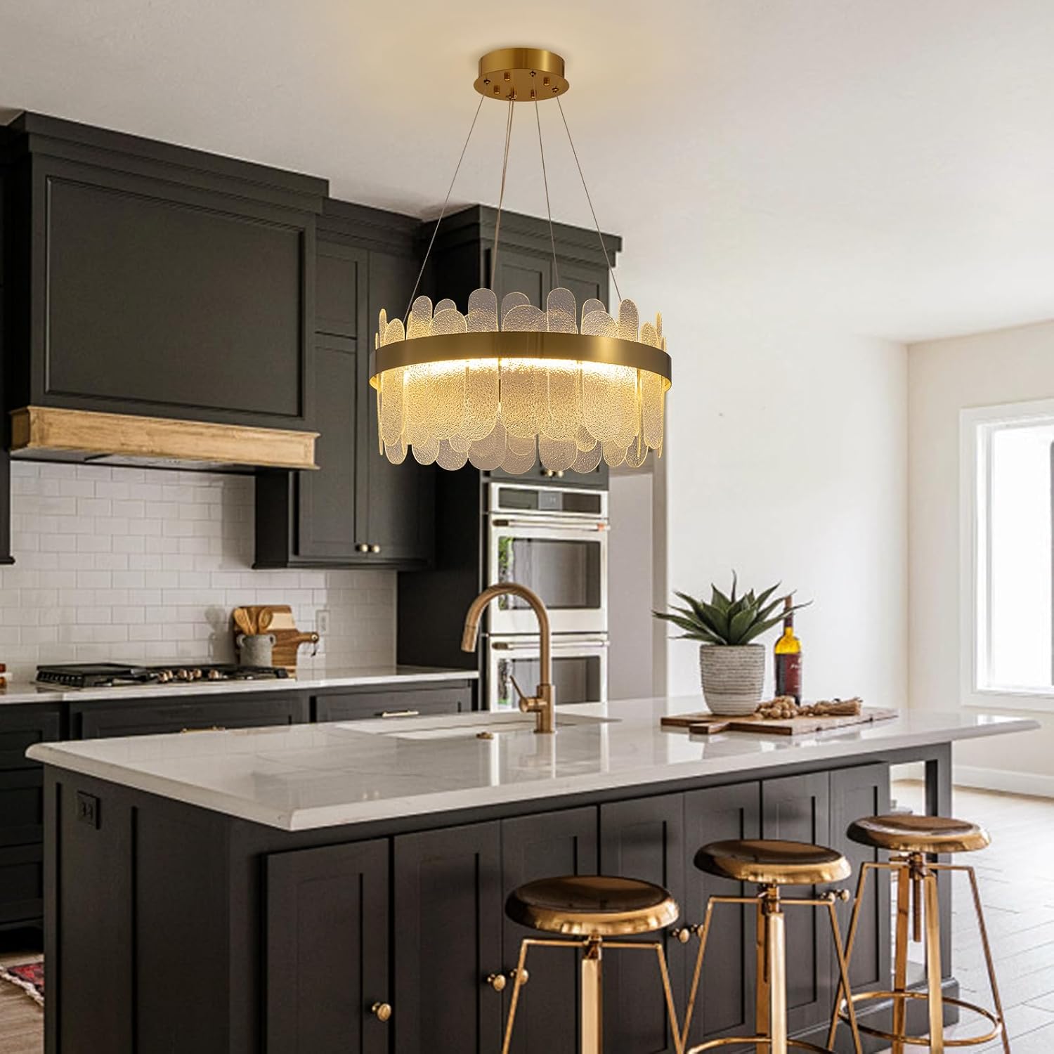 Modern Dimmable LED Bubble Glass Chandelier – Brass Gold Adjustable Height Pendant Light for Dining Room & Kitchen Island