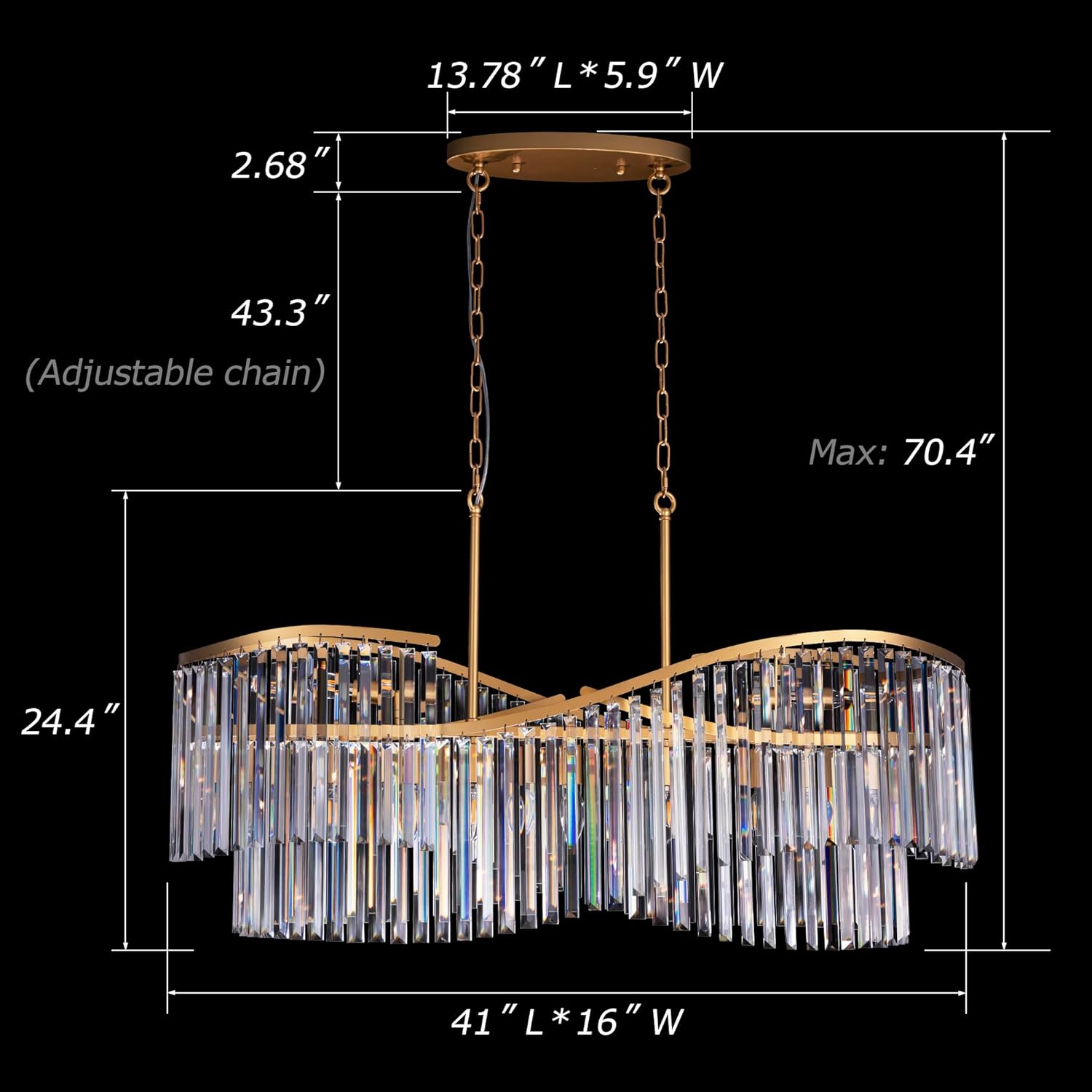 Luxury Gold Wave Crystal Chandelier with Adjustable Chain for Dining Room