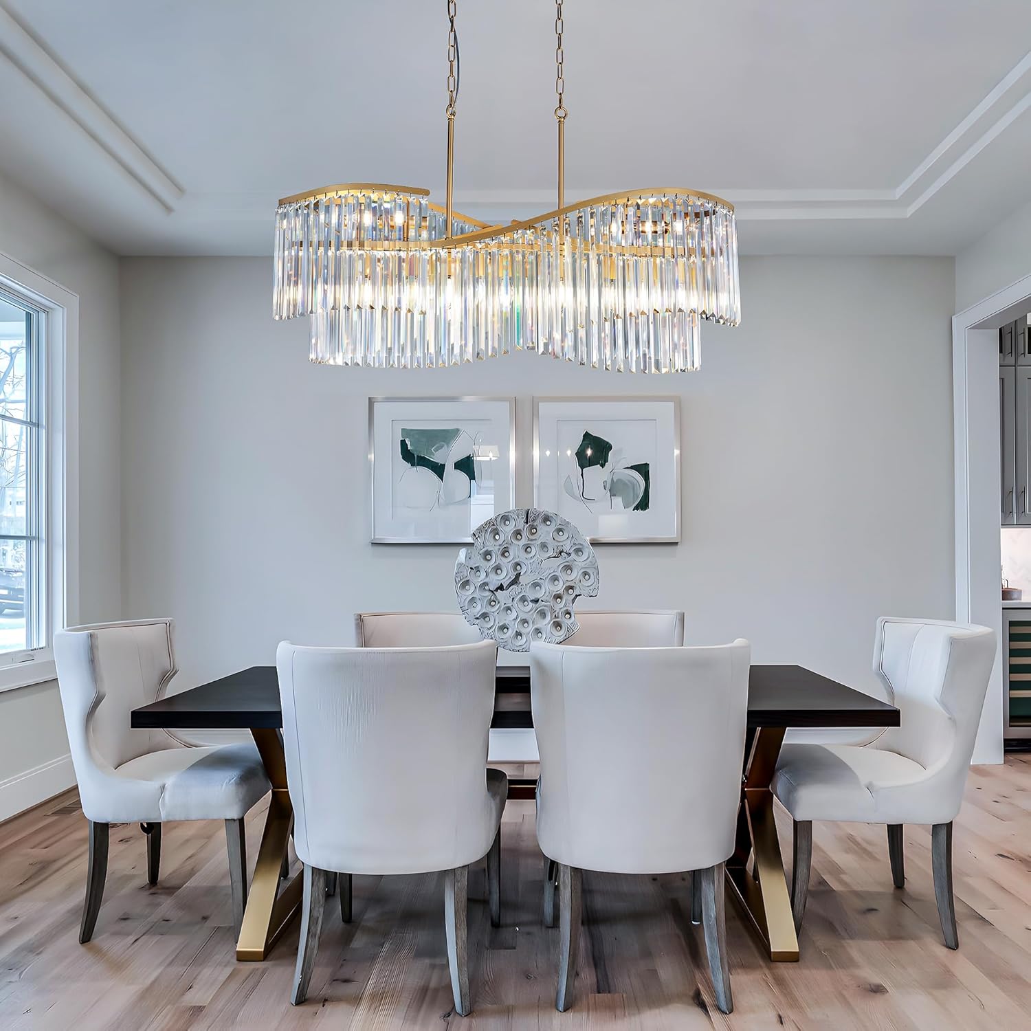Luxury Gold Wave Crystal Chandelier with Adjustable Chain for Dining Room