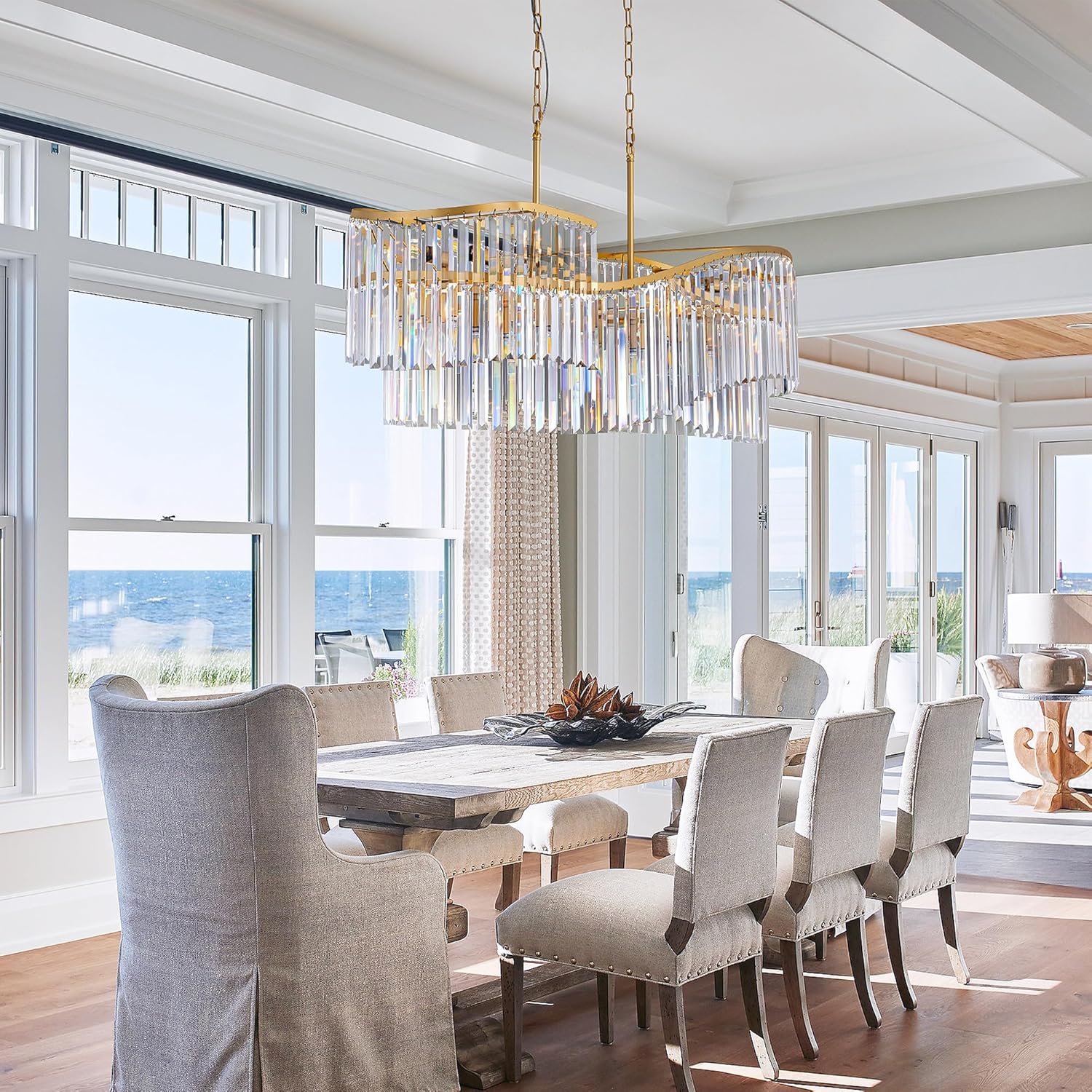 Luxury Gold Wave Crystal Chandelier with Adjustable Chain for Dining Room