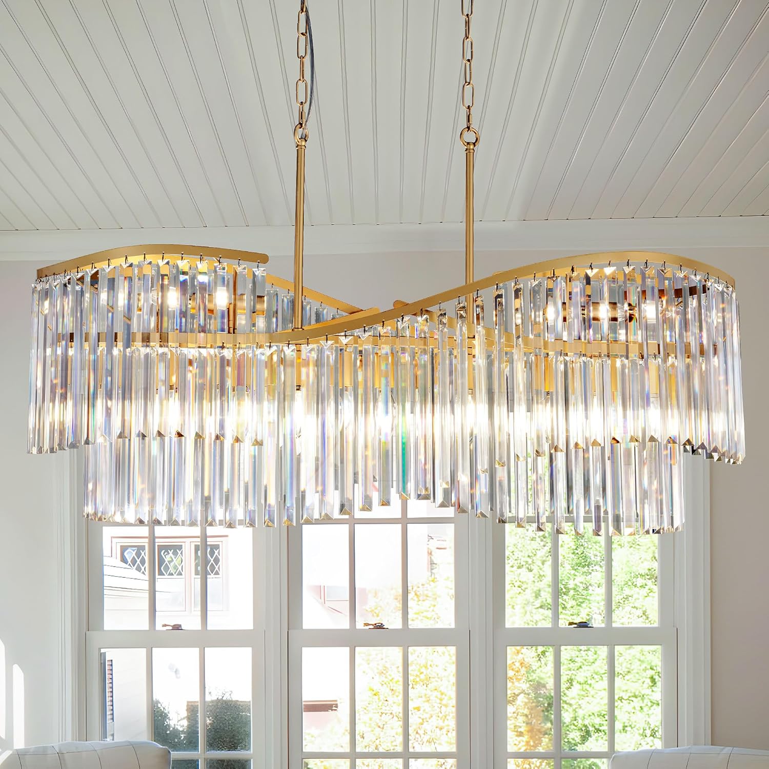 Luxury Gold Wave Crystal Chandelier with Adjustable Chain for Dining Room