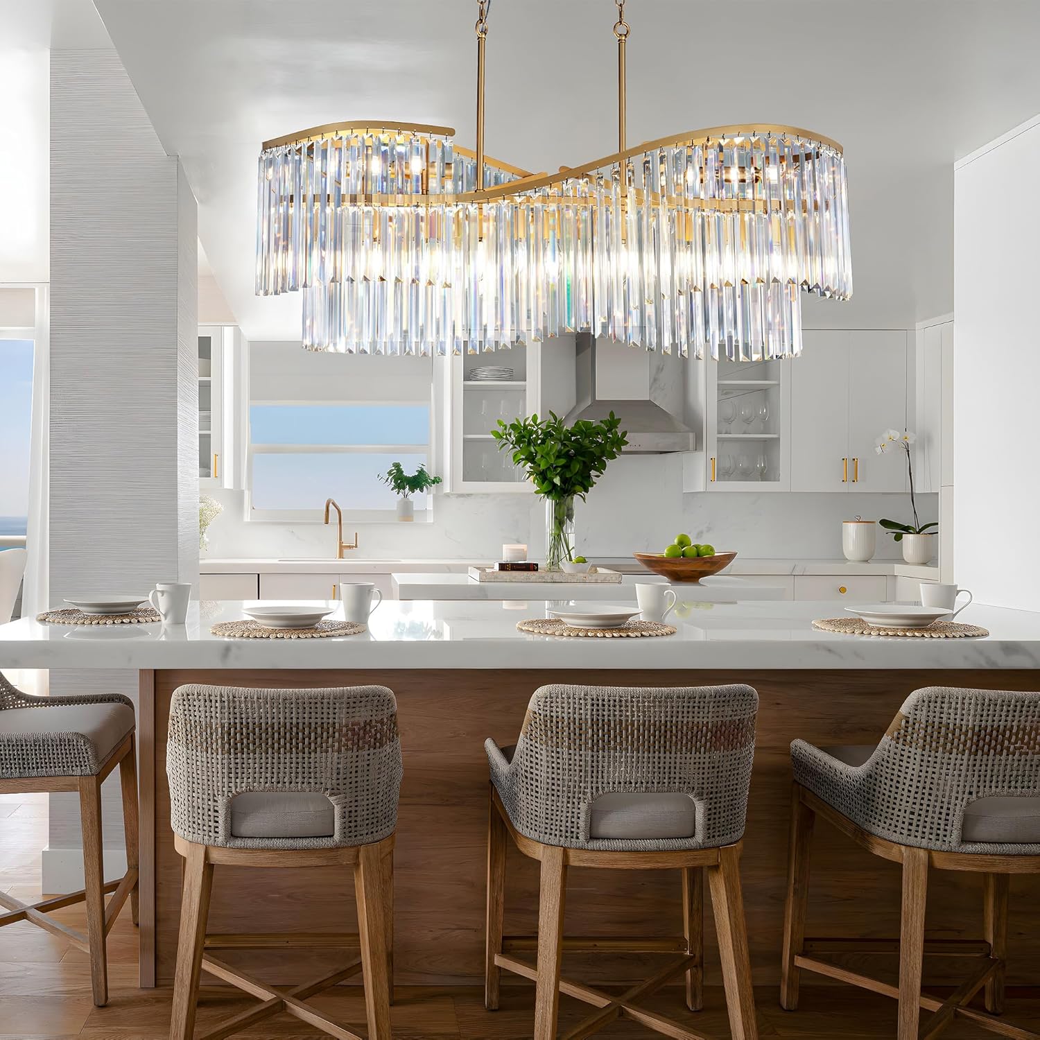 Luxury Gold Wave Crystal Chandelier with Adjustable Chain for Dining Room