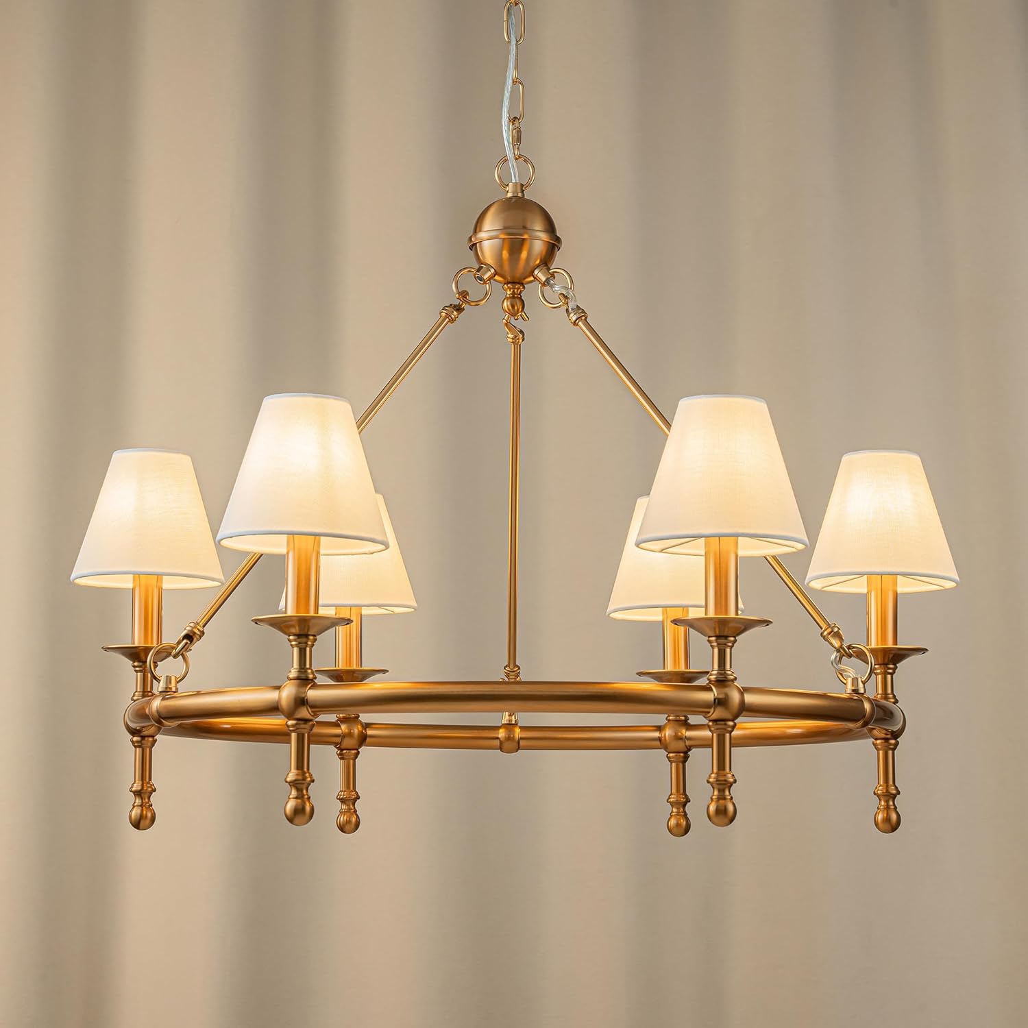Luxury Vintage Brass 6-Light Round Chandelier Adjustable Chain Fabric Shade Pendant Light