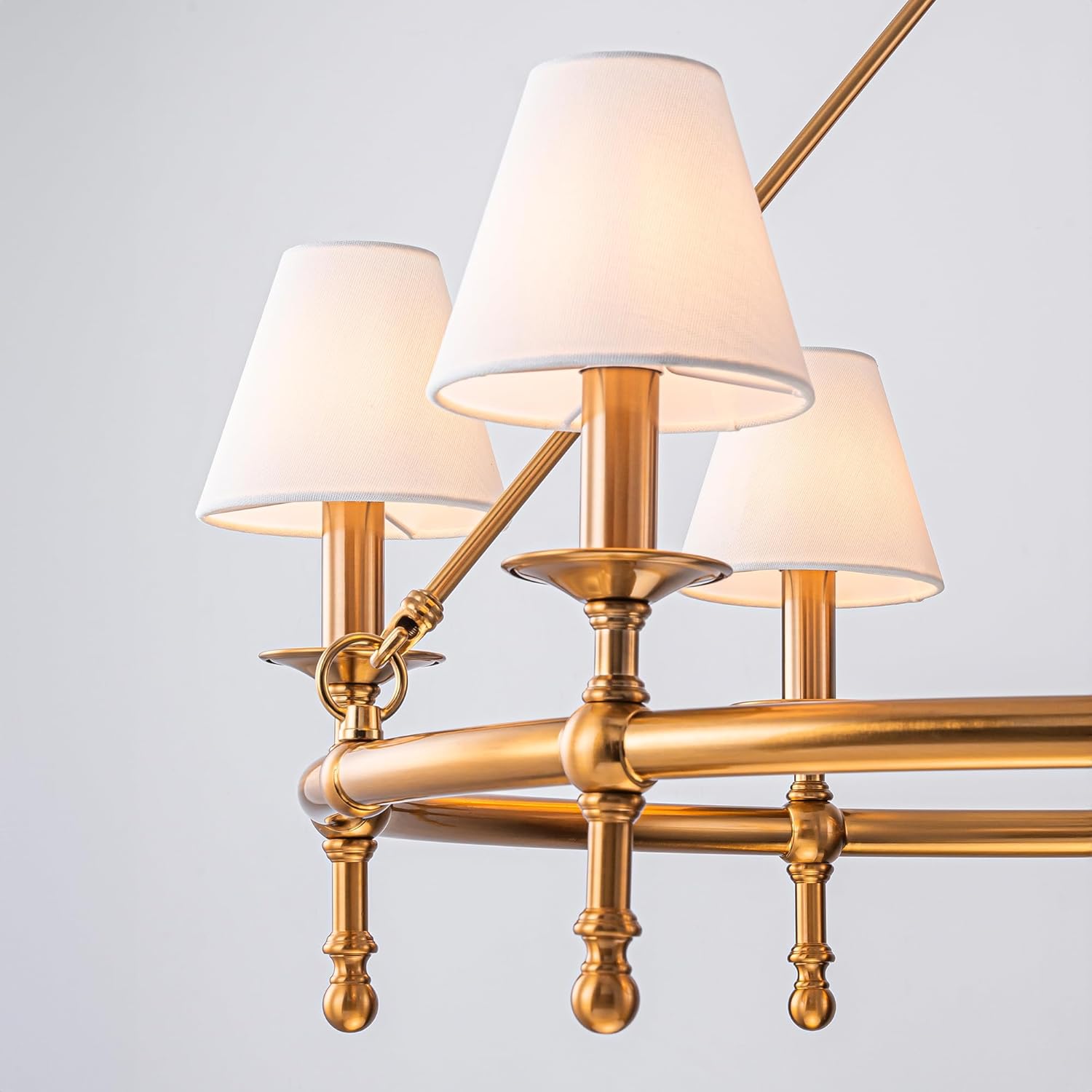 Luxury Vintage Brass 6-Light Round Chandelier Adjustable Chain Fabric Shade Pendant Light