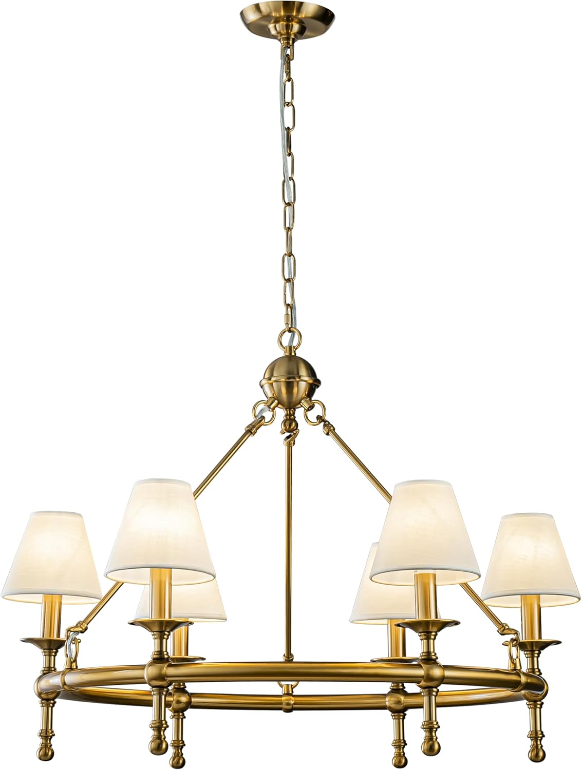 Luxury Vintage Brass 6-Light Round Chandelier Adjustable Chain Fabric Shade Pendant Light