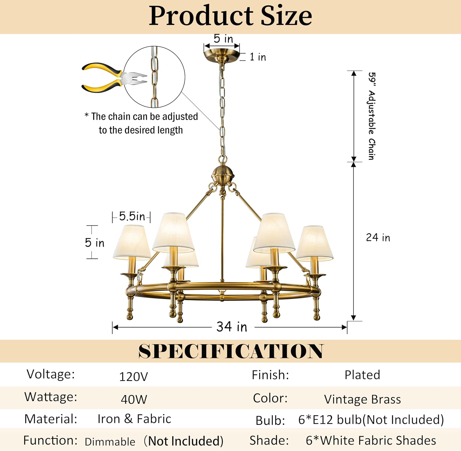 Luxury Vintage Brass 6-Light Round Chandelier Adjustable Chain Fabric Shade Pendant Light