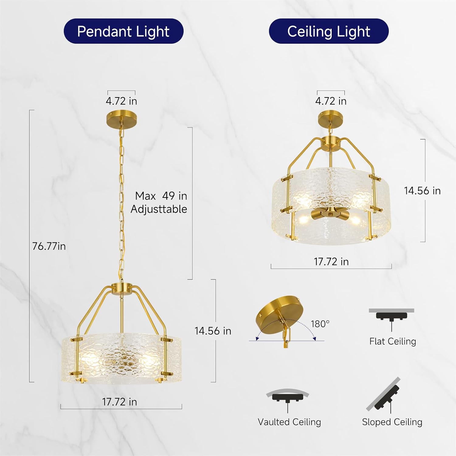 Modern Gold Semi Flush Mount & Pendant Light - Adjustable Dual Use Crystal Glass Drum Ceiling Fixture