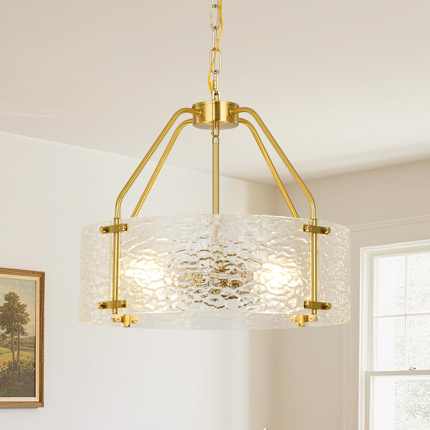 Modern Gold Semi Flush Mount & Pendant Light - Adjustable Dual Use Crystal Glass Drum Ceiling Fixture