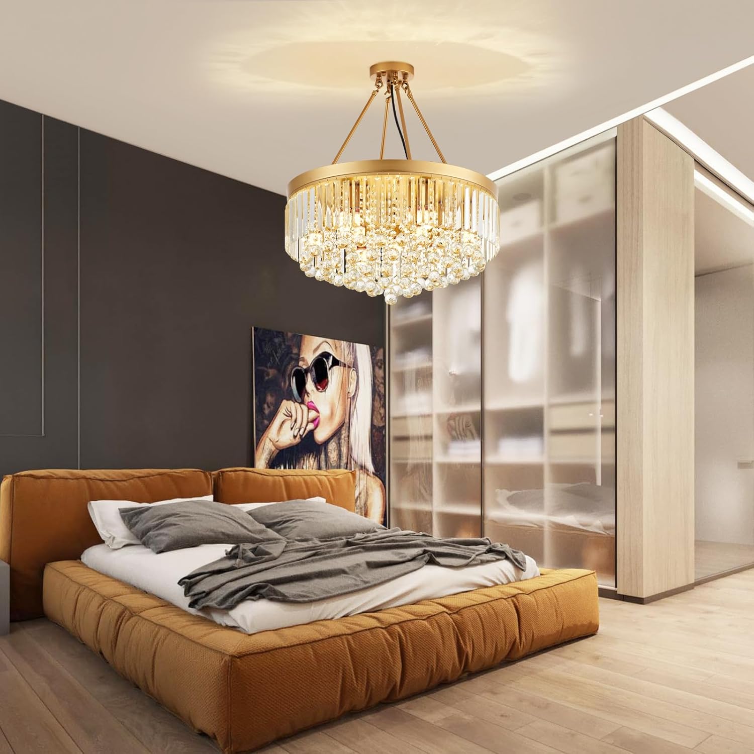 Luxury Modern Gold Crystal Chandelier – Adjustable Height Tiered Round Pendant Light, Dimmable LED Ceiling Fixture for Living & Dining Room